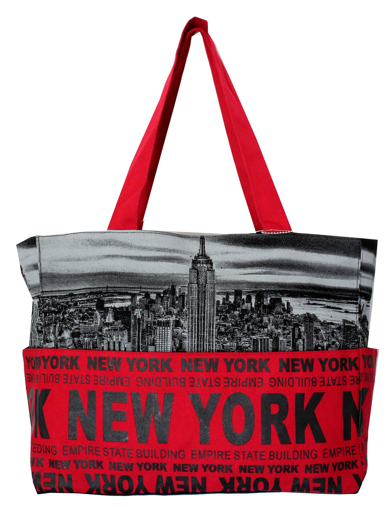 New York Skyline Canvas Tote Shoulder Bag Grey/Maroon