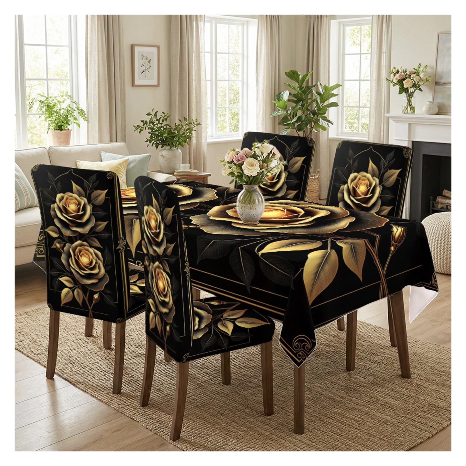 KXUAUV Luxury Black Gold Rose Print Tablecloth And Chair Covers Set, Stretch Slipcovers For Formal Banquet Dining Room Decor, 5/7 Pack Party Decor(5pcs Set: Tablecloth+Chair Covers)