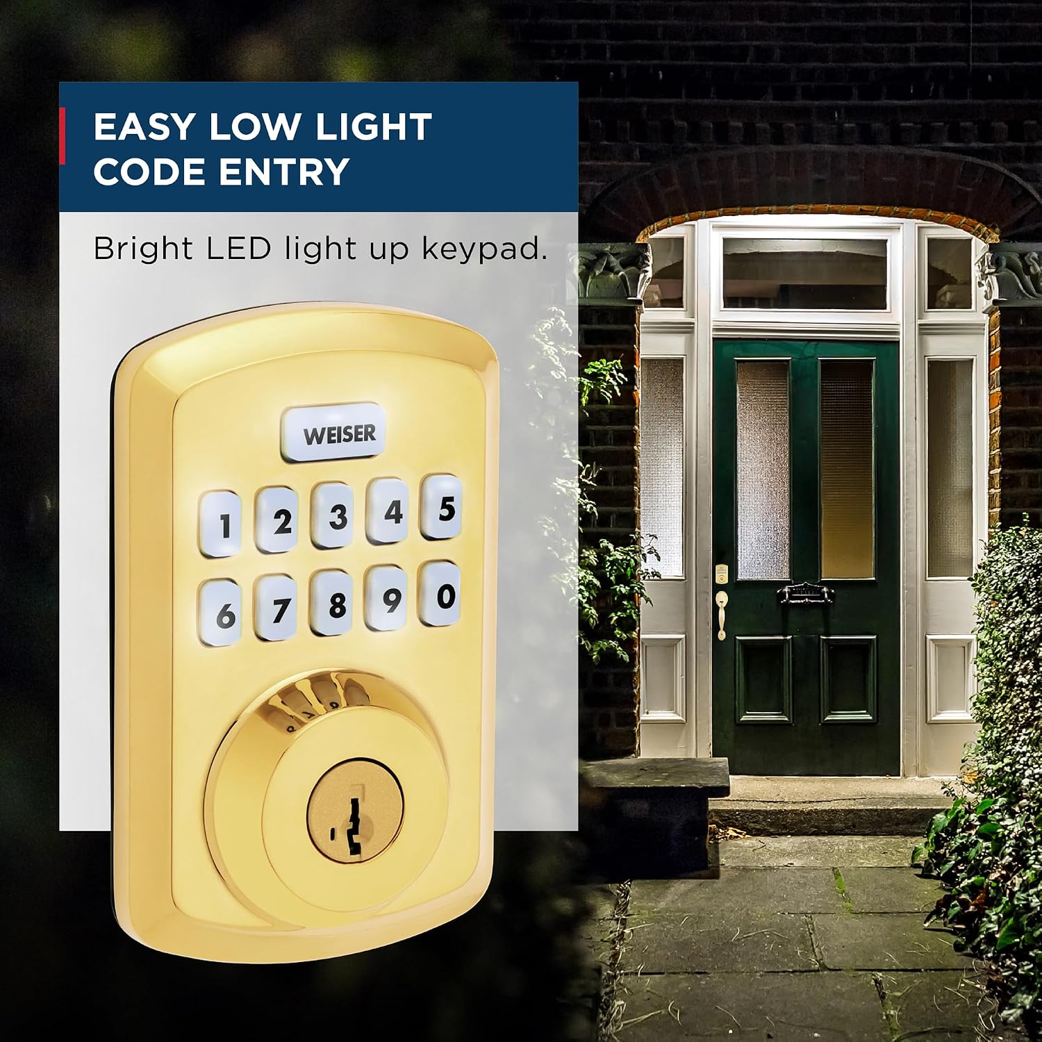 A person using the Weiser Powerbolt 3 keypad for keyless entry on a front door.