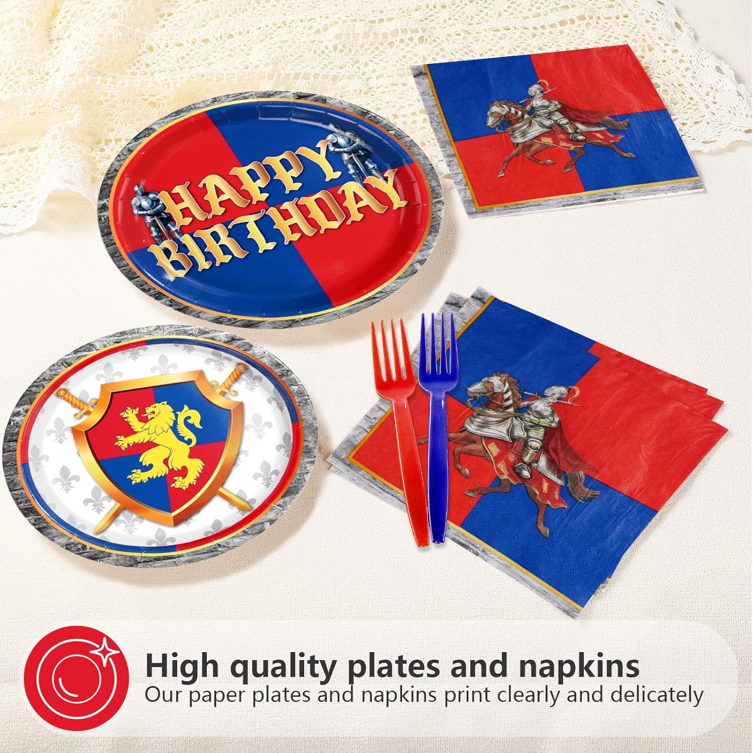 96Pcs Medieval Fantasy Birthday Party Decorations with Lion Knight Medieval Plates and Napkins Sets Castle Birthday Decorations for Boys Girls Dragon Theme Castle Celebration Party Supplies Serves 24