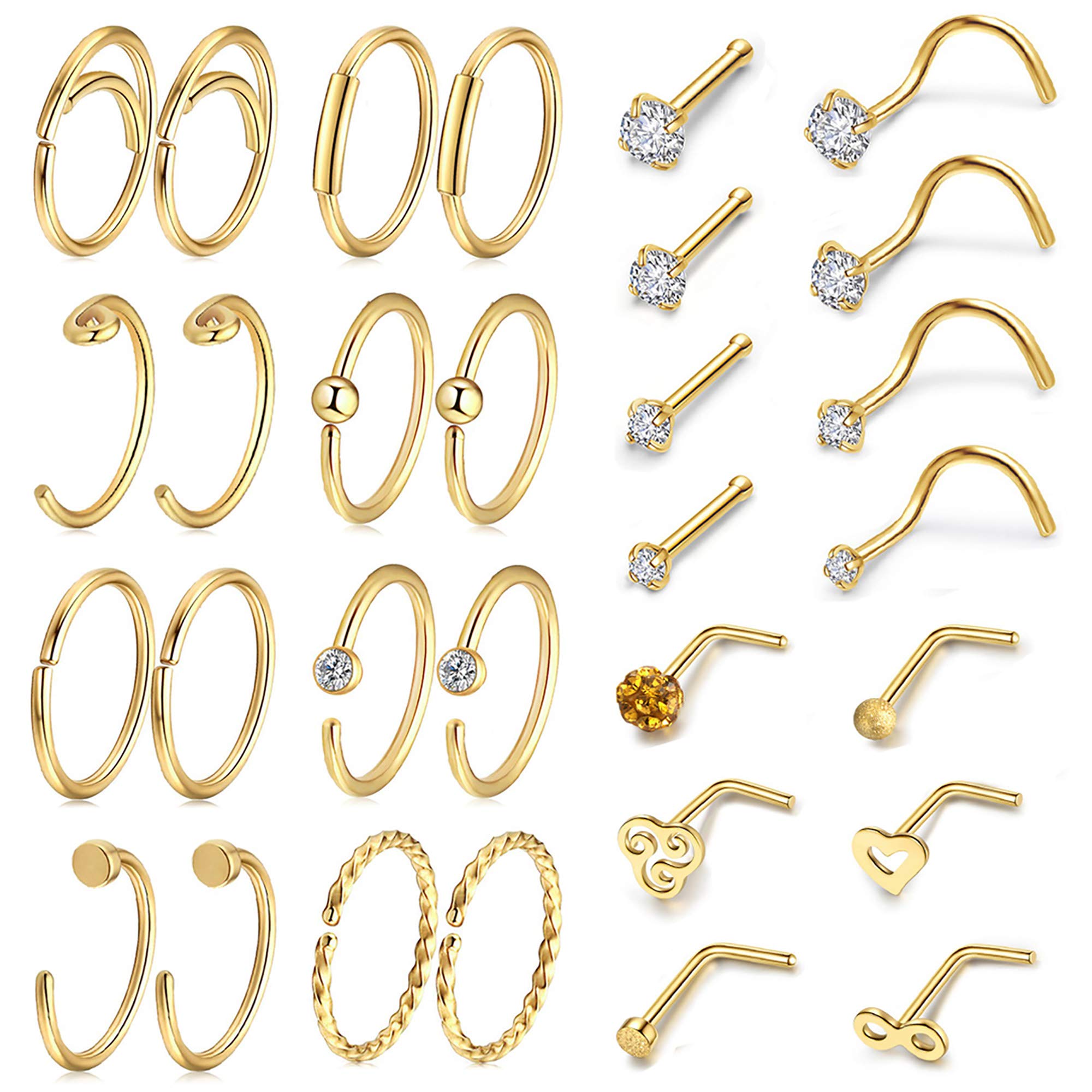 AllerPierce20G Nose Rings Set 30-40Pcs Bone Screw L Shaped Studs Hypoallergenic Tragus Cartilage Ring Hoop Stainless Steel Piercing Jewelry for Women Men