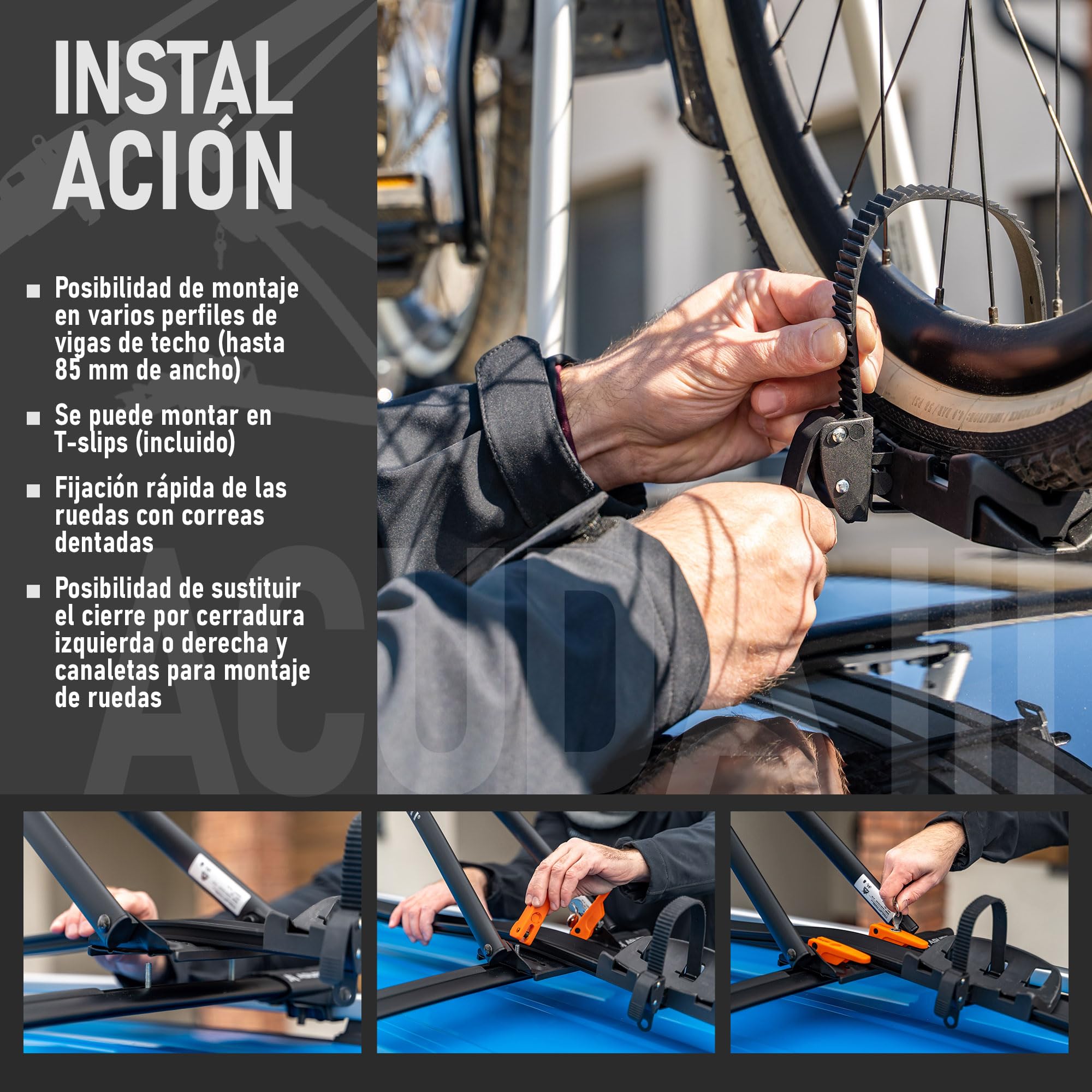 AGURI ACUDA III | Portabicicletas de Techo, Soporte Universal para Bicicletas en el Techo del Automóvil con Cerradura; Capacidad de Carga de hasta 20 kg | Construcción Ligera y Resistente de Aluminio