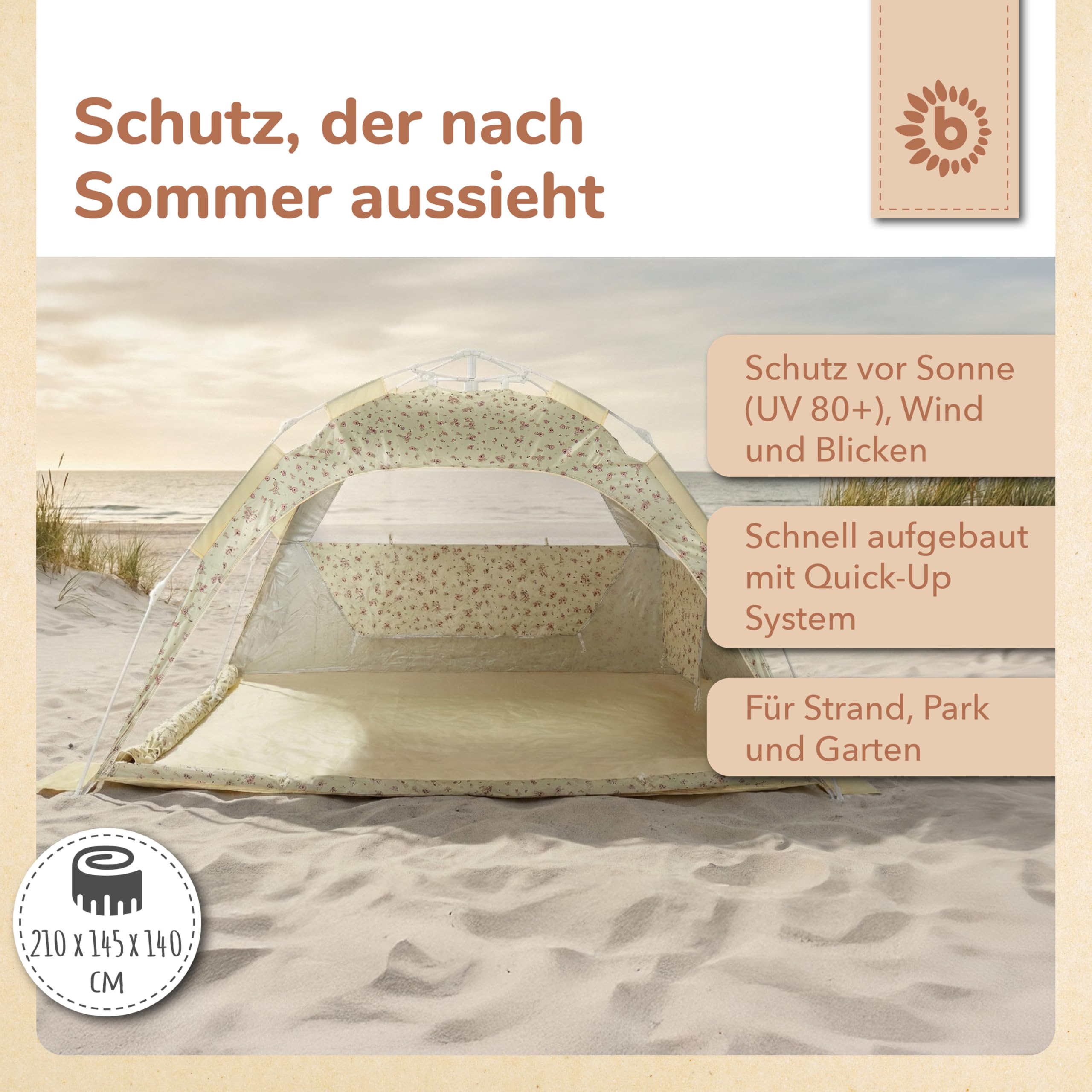 Bieco Strandmuschel Pop Up XXL – Quick-Up Strandzelt Schnellaufbau mit UV Schutz 80+ – Sonnenschutz & für Baby, Kinder & Familie – Automatik Zelt 3–4 Personen – Vintage Flowers