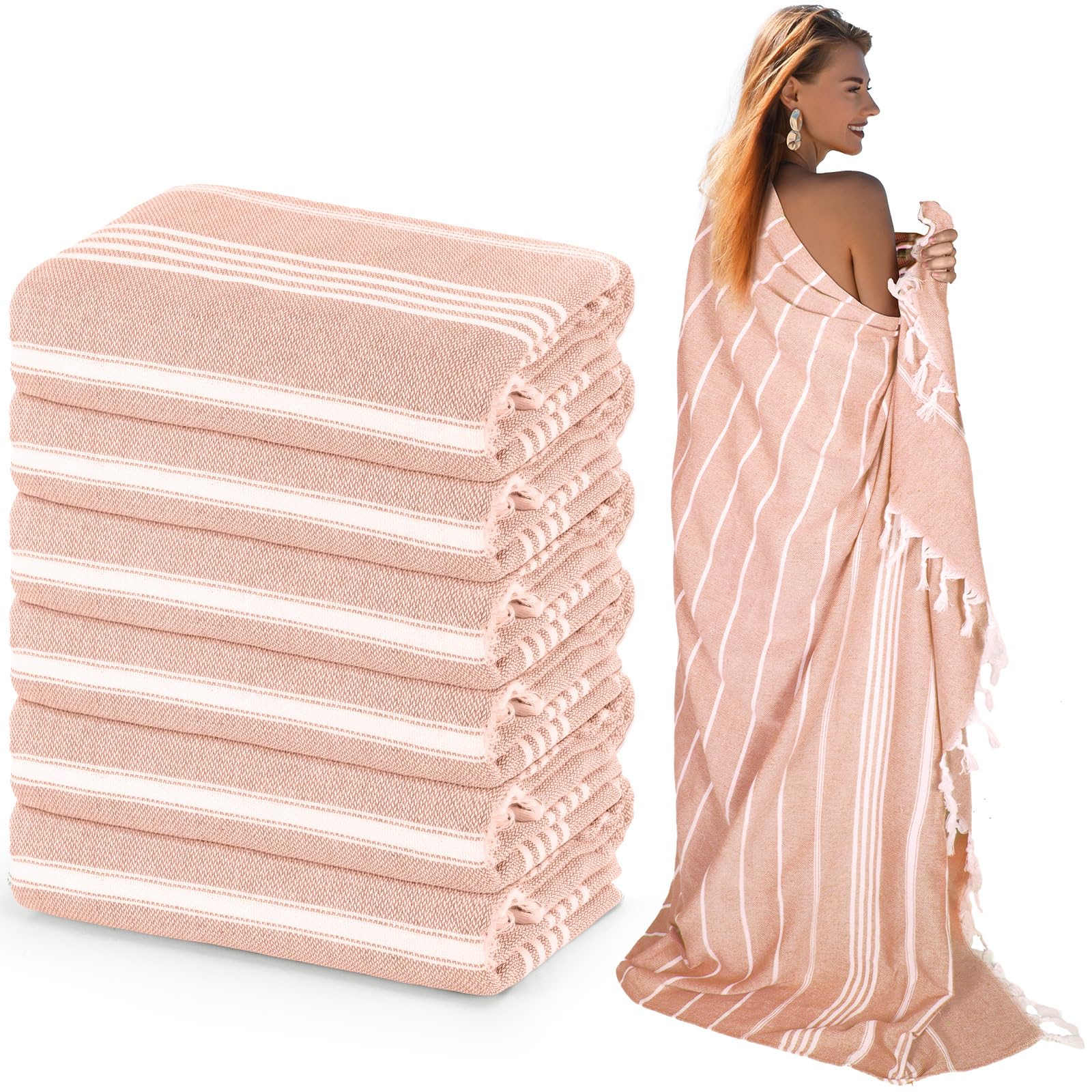 Moukeren 6 Pack Oversized Turkish Beach Towel 61 x 82 Inches Extra Large Cotton Turkish Beach Blanket Lightweight Absorbent Quick Dry Sand Proof Beach Towels for Travel Bathroom(Peach)