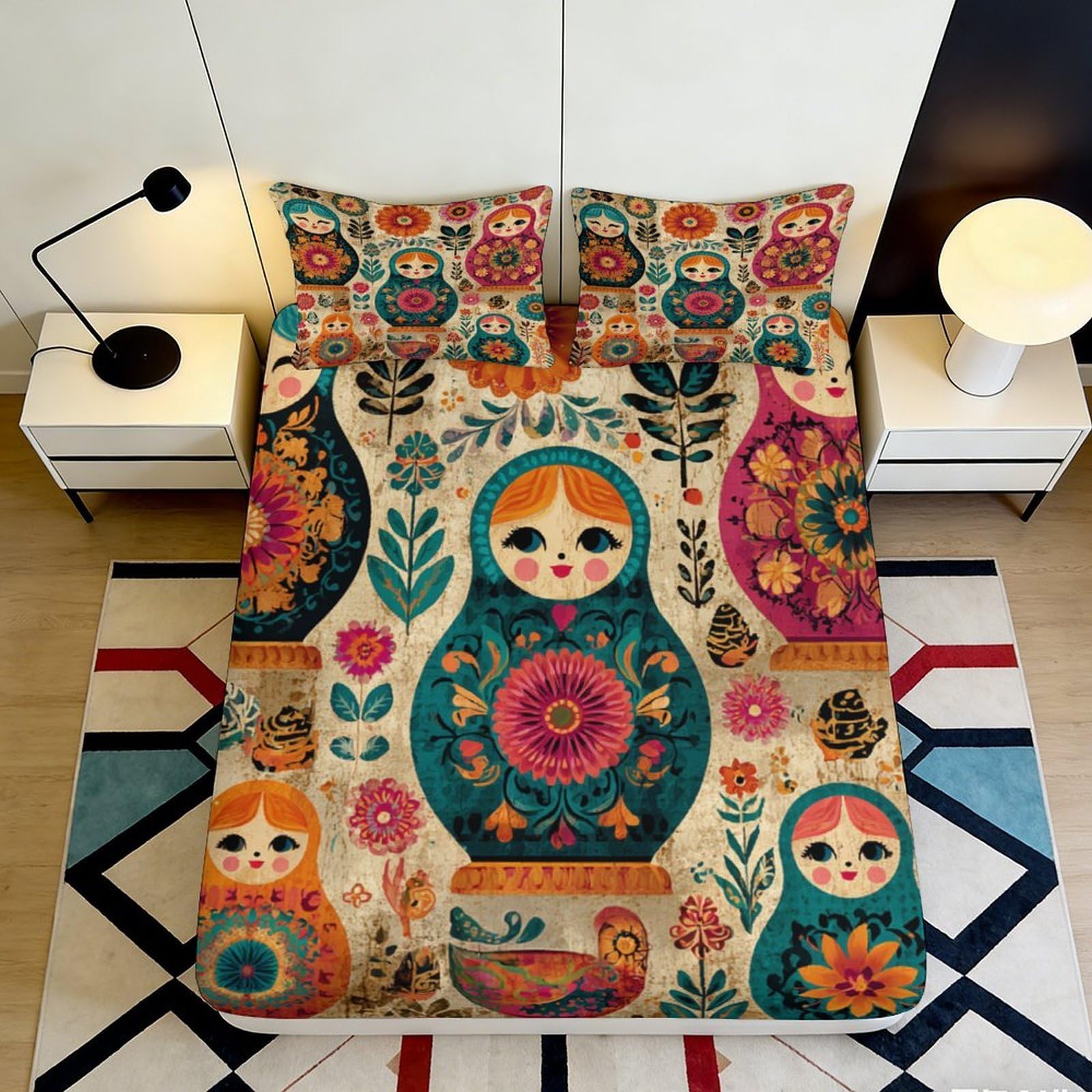 3D Printed Matryoshka Pattern Fitted Sheet Microfiber Deep Pocket Full Wrap for Bedroom Russian Style Mattress Fitted Cover Washable 200x200x25cm 90x200x25cm