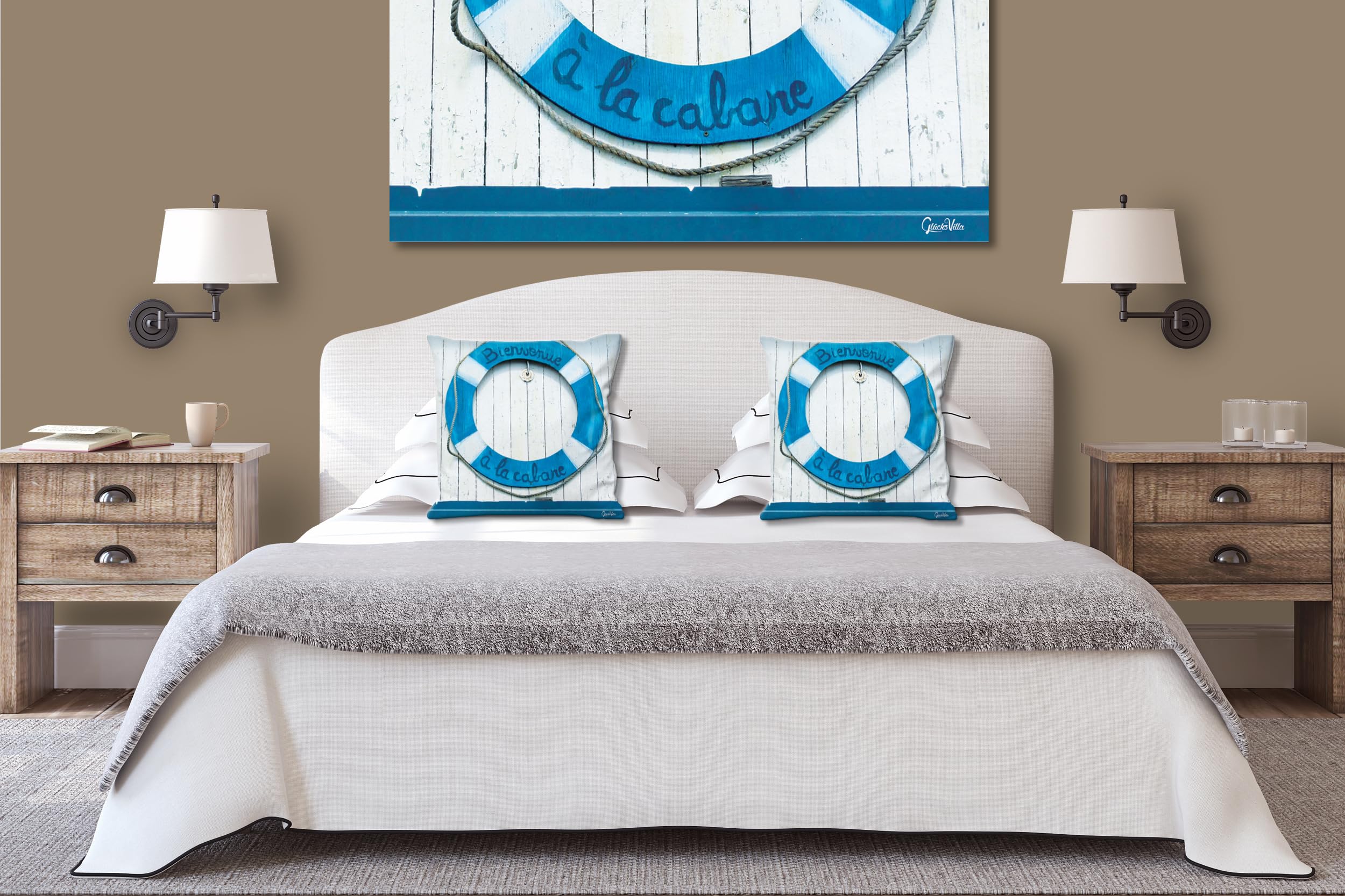 Bienvenue - Foto-Kissen-Hülle Set (2 STK.) 40 x 40 cm | Kissen-Bezüge - passend zu Wandbild - Deko-Kissen - Rettungsring willkommen maritim