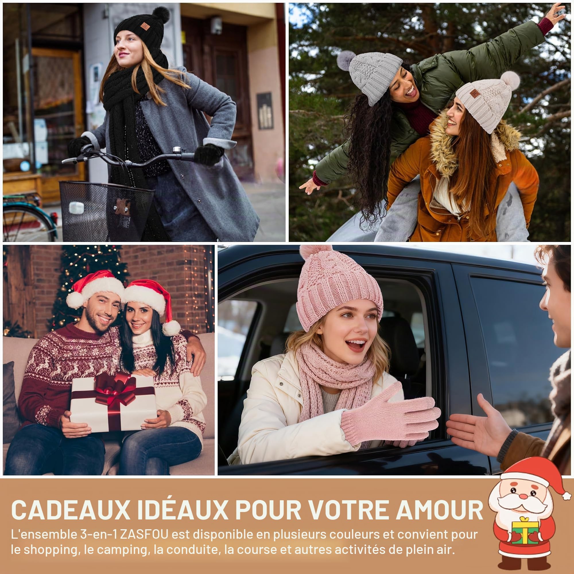 ZASFOU Femme Hiver Bonnet Chapeau Foulard Écran Tactile Gants Ensemble Chenille Pompon Tricot Polaire Doublé Casquette Écharpe Gant Cadeaux pour Femmes