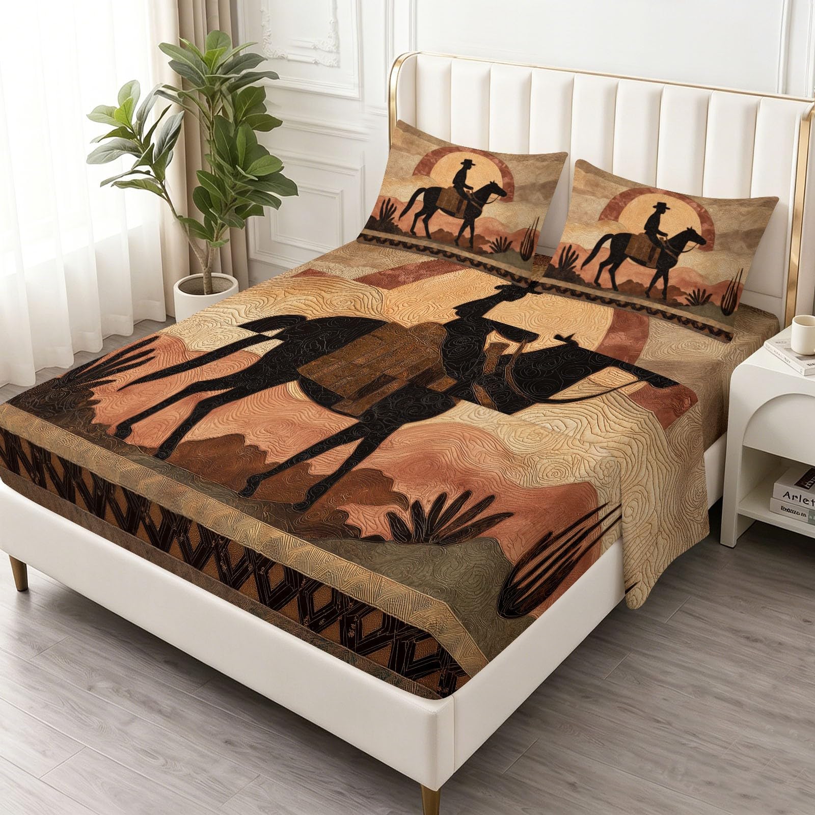Juego de sábanas bajeras ajustables de 3 piezas, 140 x 200 cm, diseño vaquero jinete, de microfibra, retro, vintage, suave y agradable a la piel, transpirable, hipoalergénica, colchones de hasta 30 cm