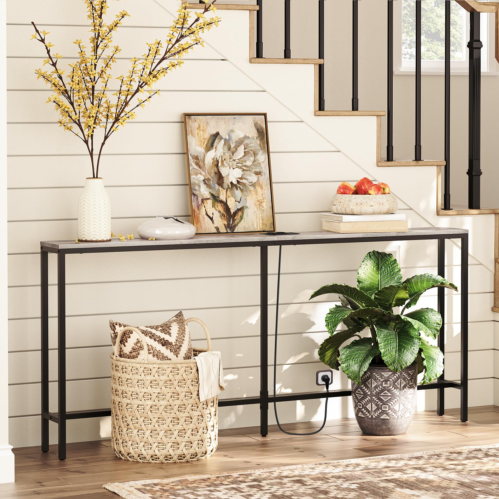 MAHANCRIS Table Console avec Station de Charge, Console Meuble Mince de 200 cm, Table d'Entrée Industrielle avec Ports USB, Canapé pour Entrée, Couloir, Gris ACTHG20UE01