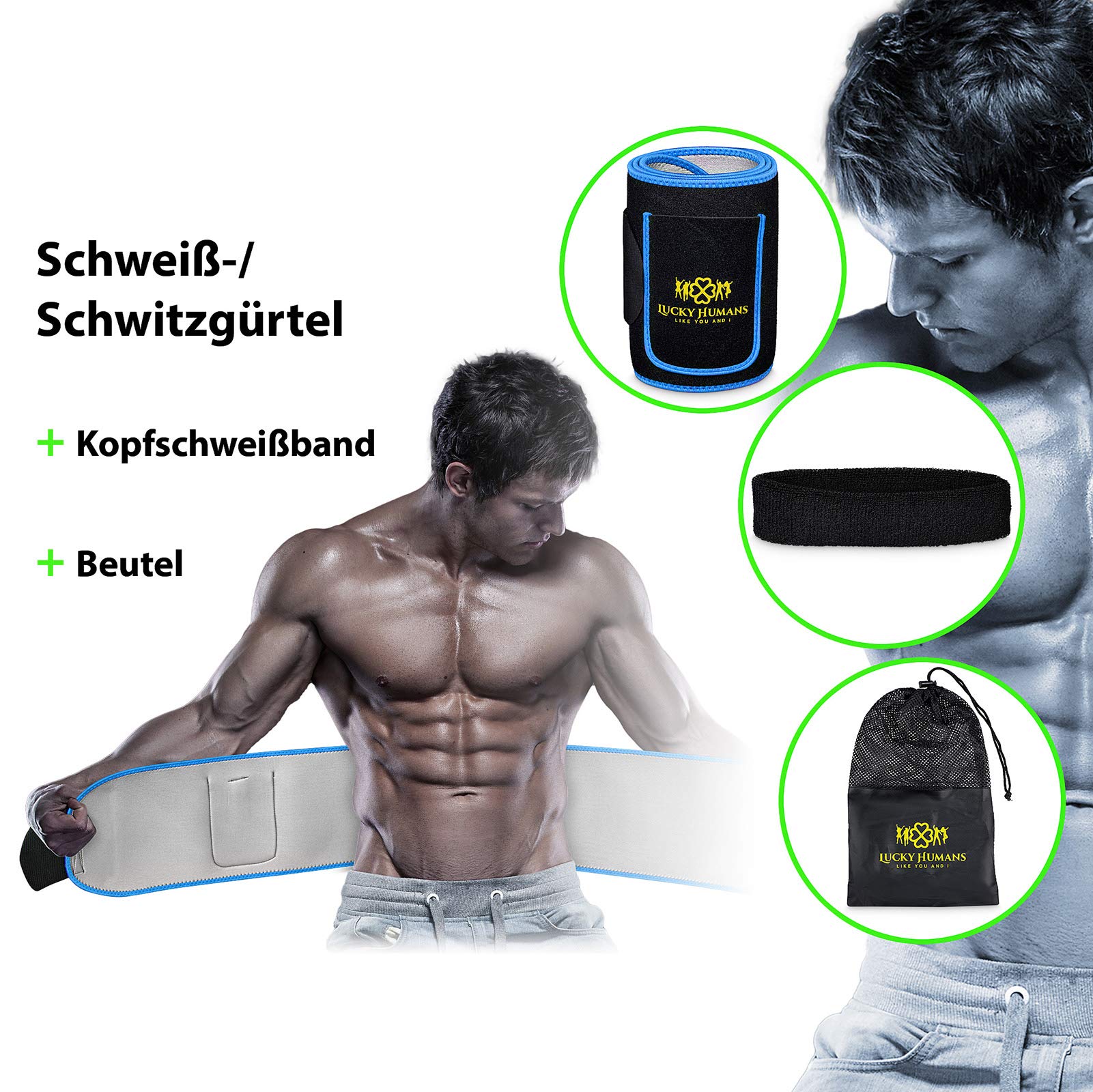 Lucky Humans® Hochwertiger Bauchweggürtel Herren Damen, Hula Hoop Gürtel, Schwitzgürtel, Bauchgürtel Neopren Nano Silber, Bauch Weg Trainer, Sweat Belt Waisttrainer