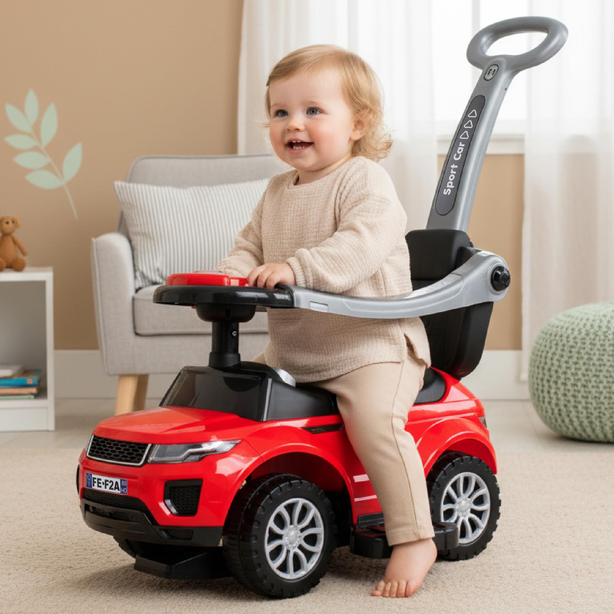 Auto a spinta per bambini 4in1, scivolo a partire da 1 anni, con clacson e musica, spazio per riporre i bagagli sotto il sedile (Rosso)