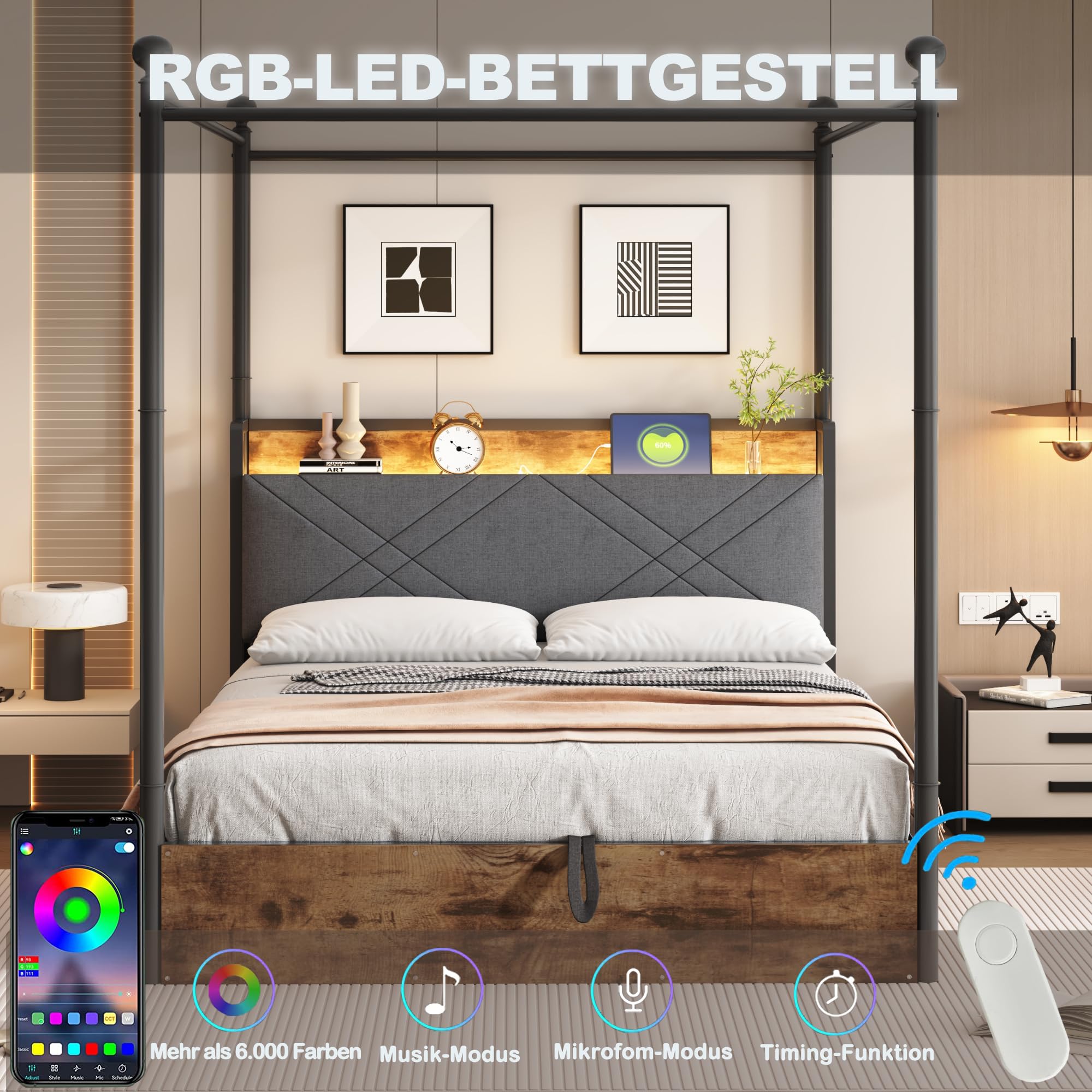 Multifunktionales Bett,mit Stauraum und schmiedeeisernem Baldachin,mit abnehmbaren Bettpfosten mit LED und USB-/Typ-C-Ladeanschlüssen,Eiseneinzelbett. (schwarz mit Hydraulisch Bettstauraum, 140*190cm)