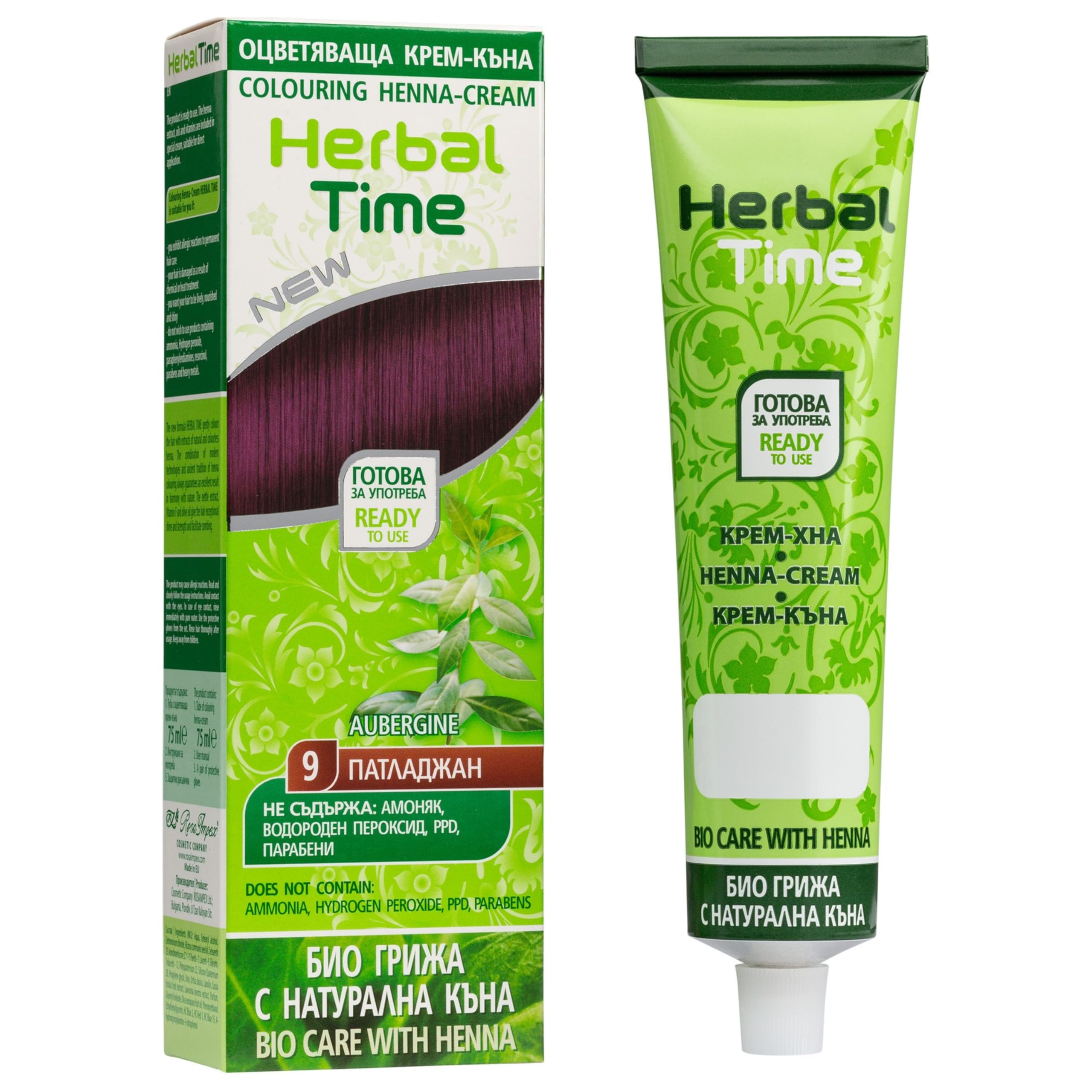 Herbal Time Coloration de Cheveux Naturelle Henné Couleur Aubergine Nº 9 | Couvre les Cheveux Blancs | Coloration Semi-Permanente | Sans Ammoniaque, Sans Sulfate et Sans Parabène | 75ml