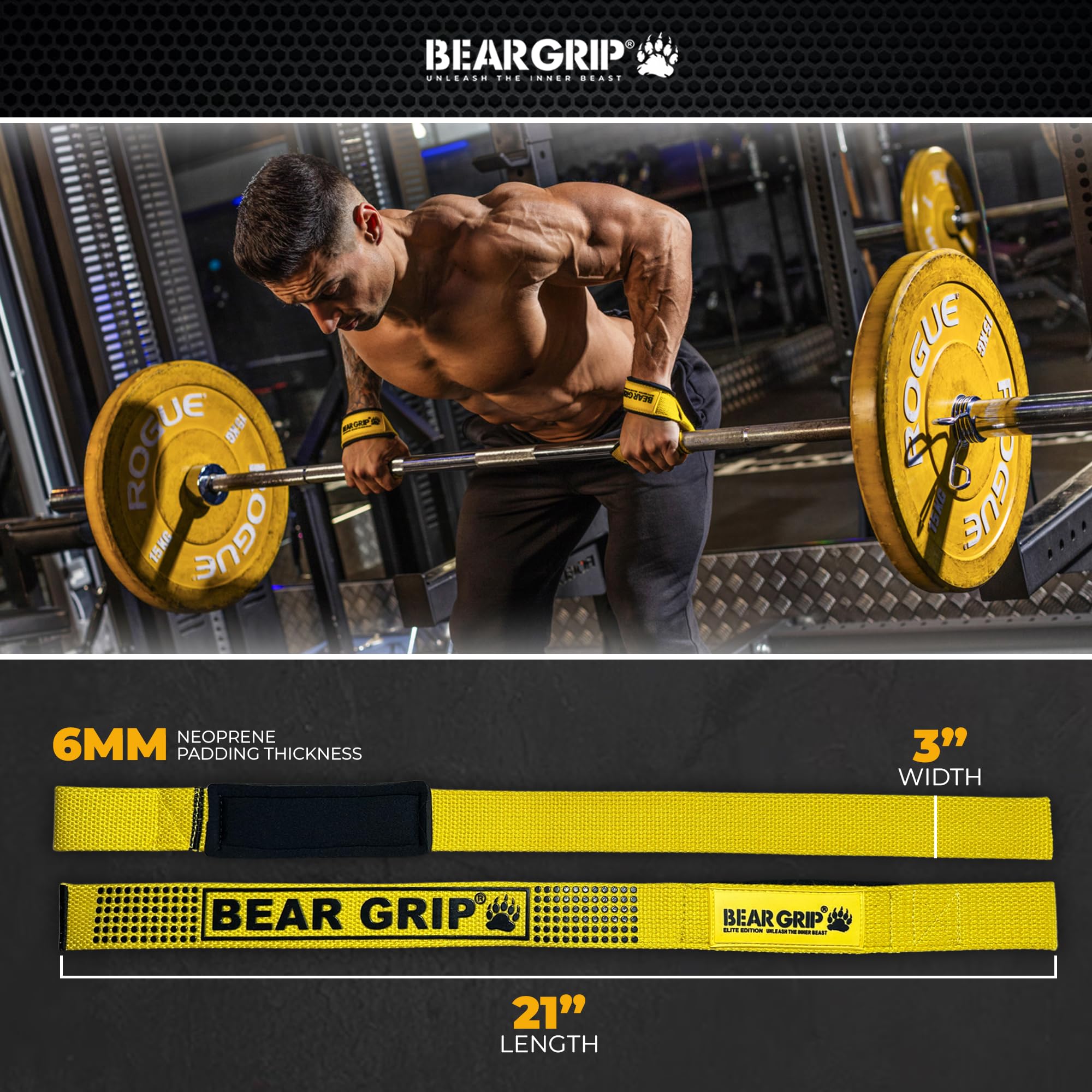BEAR GRIP Straps, Premium Neoprene padded Heavy Duty double stitched weight lifting gym straps, Gel grip, 100% cotton - Image 4