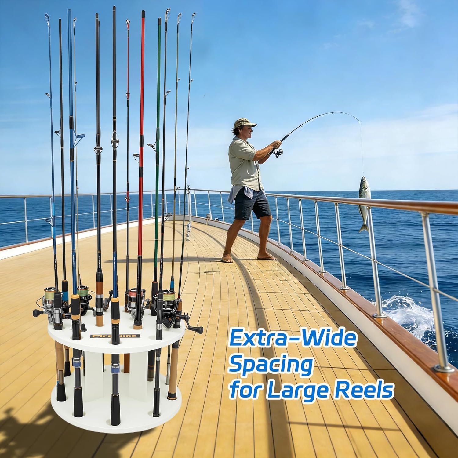 HDPE Fishing Rod Holder Rack for 12 Rods, Rotating Pole Storage Organizer with Smooth Silent Turntable & Wide Spacing for Large Reels, Heavy-Duty Rod Storage for Garage, Deck & Dock Mount