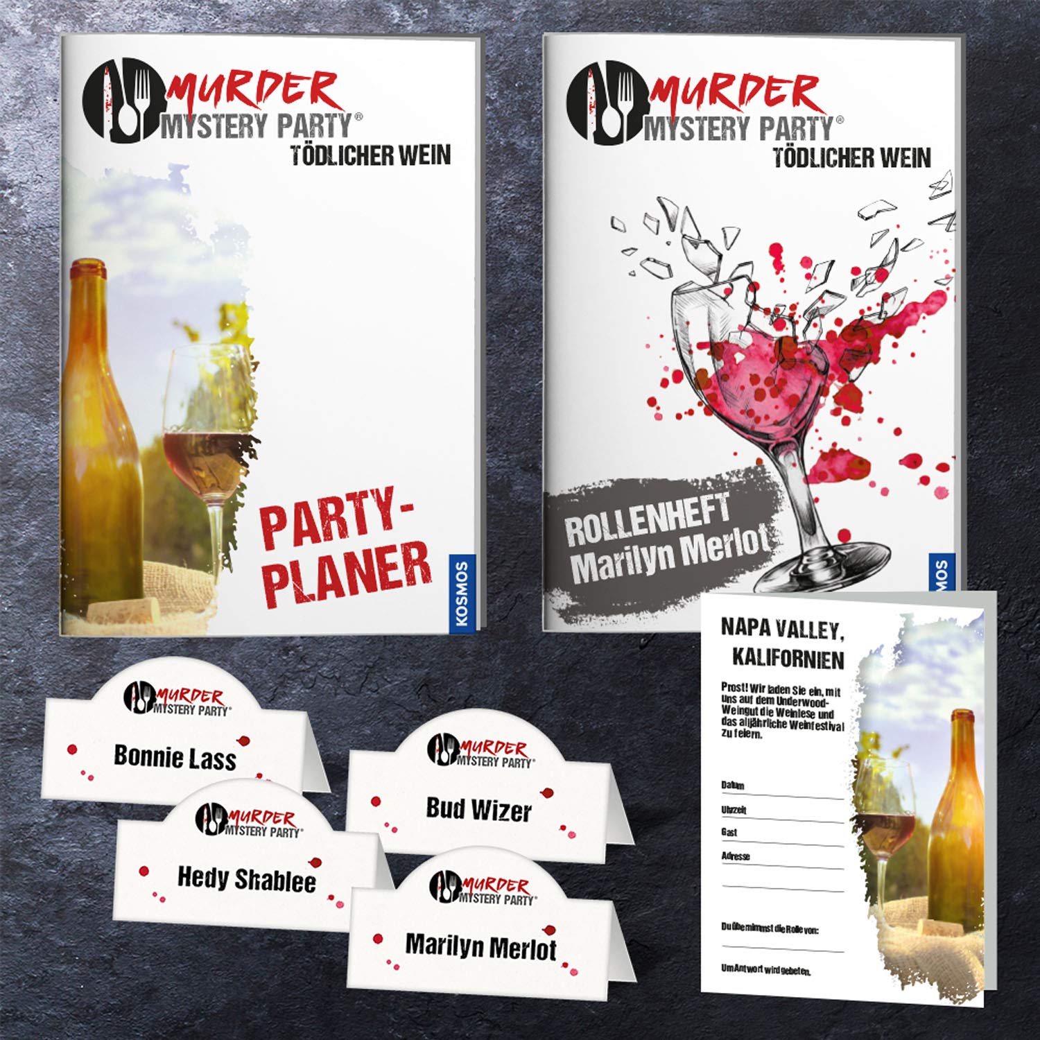 Kosmos Murder Mystery Party - Tödlicher Wein + Mord am Grill - Das Krimi-Dinner für zu Hause, Komplett-Set für 6-8 Personen ab 16 Jahren, Mystery Board Game