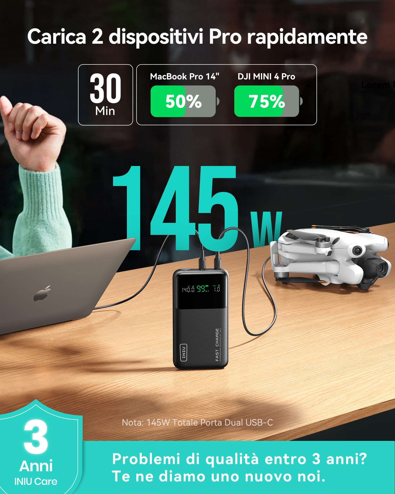 INIU Power Bank, 25000mAh 140W Powerbank Ricarica Rapida,Display LED USB C Input & Output Caricatore Portatile PD3.0 QC4.0 Powerbank per iPhone 16 15 14 13 12 Pro Max Samsung S24 S23 iPad Steam Deck