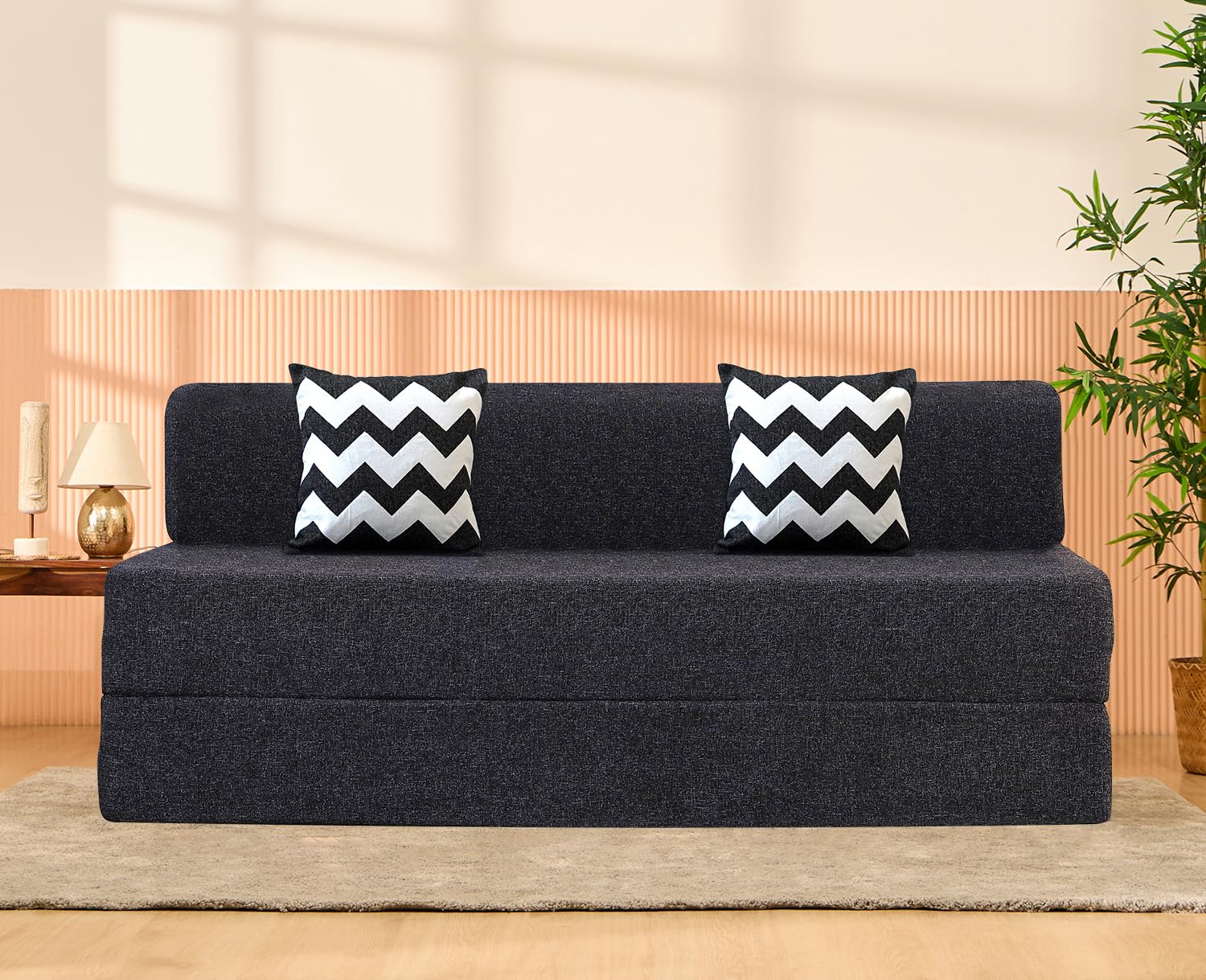 3 Seater Sofa Cum Bed | 1 Year Warranty | Foldable Sofacum Bed | 15" Sofa Height| 2 Cushions Zigzag Pattern |Jute Finish Fabric, Dark Grey | 5' X 6' Feet