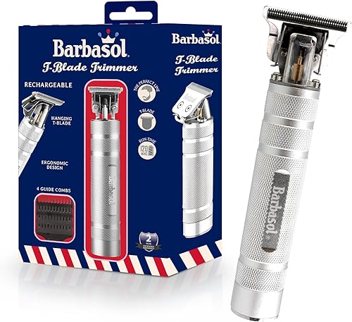Barbasol Recortadora de hoja en T recargable de acero inoxidable con espacio cero, hoja colgante, 3 peines guía