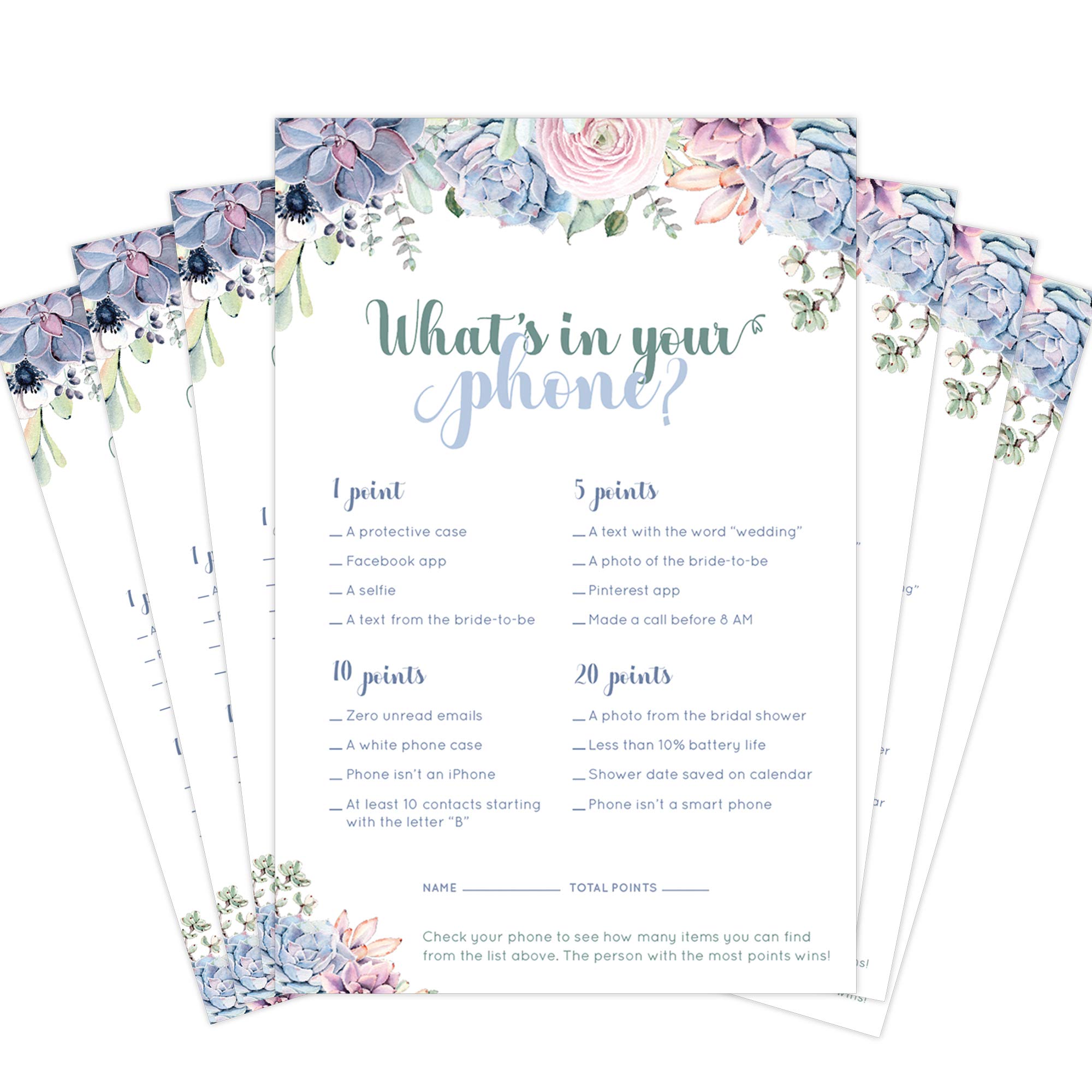 Amazon.com: 30 Pack Bridal Shower Games- What's in Your Phone Bridal Shower  Game Cards. Succulent Design Matches Any Floral Bridal Shower : Home &  Kitchen