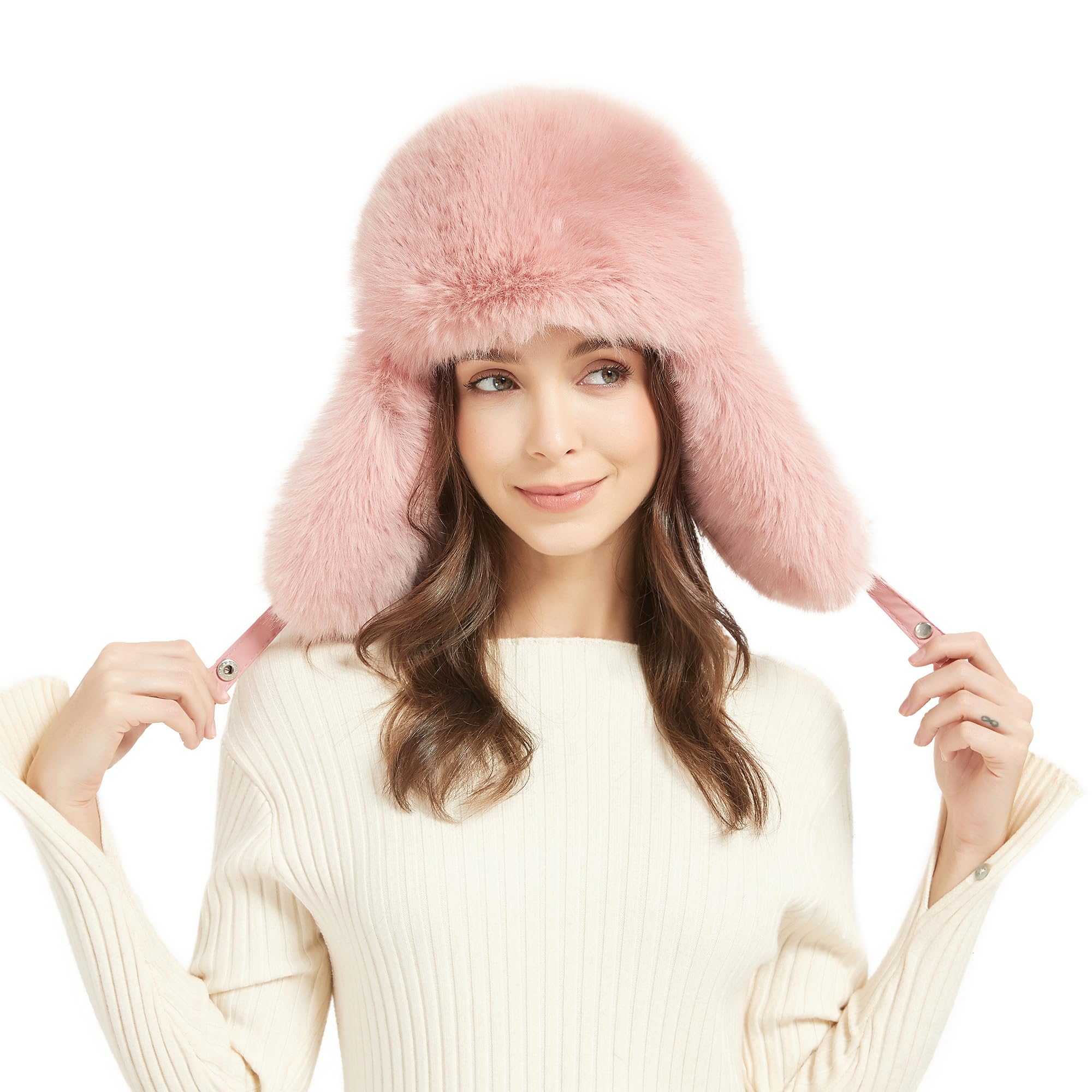 Winter Trapper Hat for Women Warm Faux Fur and Leather Windproof Full Hood Earflap Beanies