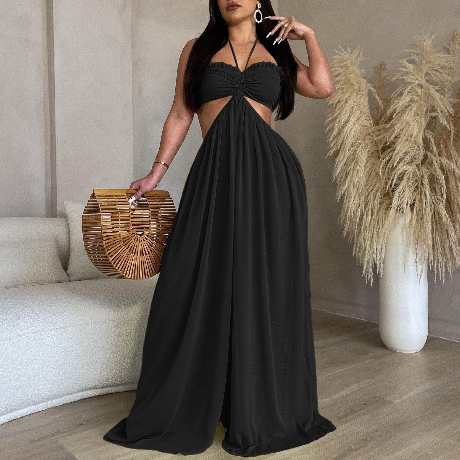 Pajacyk dla kobiet z odkrytymi ramionami Hollow Out Wide Leg Romper Letnie stroje wakacyjne