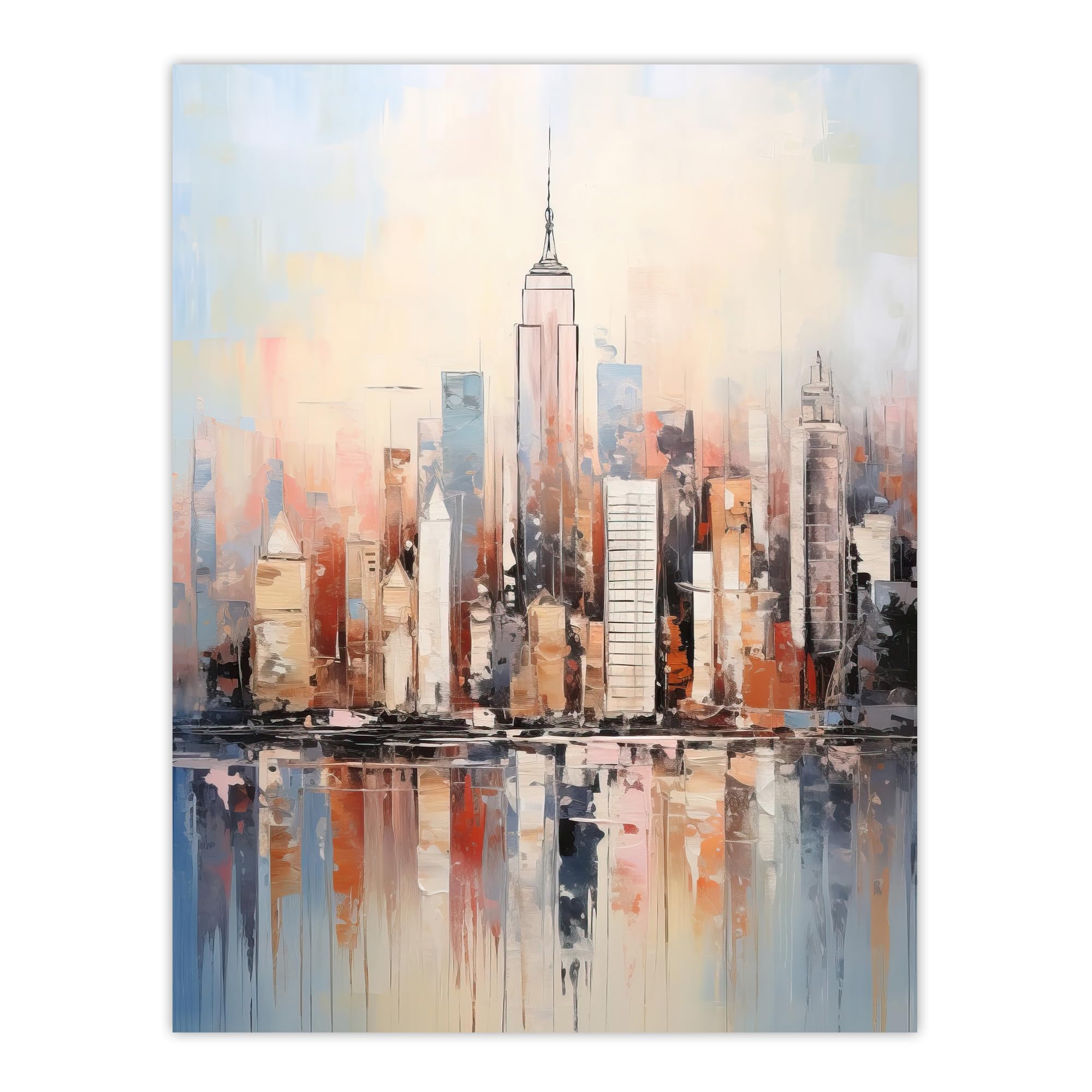 Artery8 Manhattan Skyscraper Reflections Oil Painting By M Hinge Thick Oils Subtle Pastel Colours Artwork Large Wall Art Poster Print Thick Paper 18X24 Inch