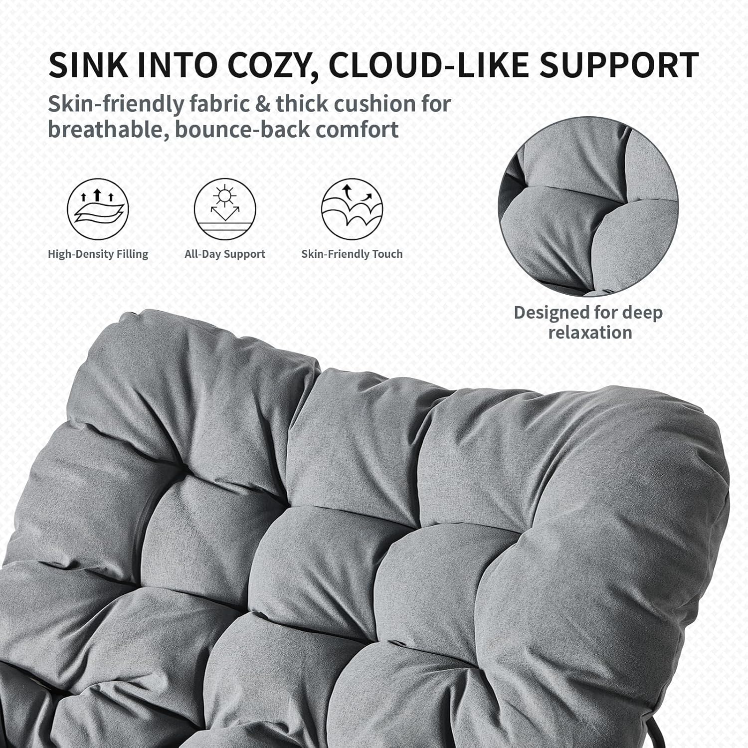 Outdoor Rocking Chair, Oversized Patio Papasan Wicker Chair with Cushion Indoor Egg Chair for Bedroom, Living Room, Porch, Garden, Lawn (Dark Grey)