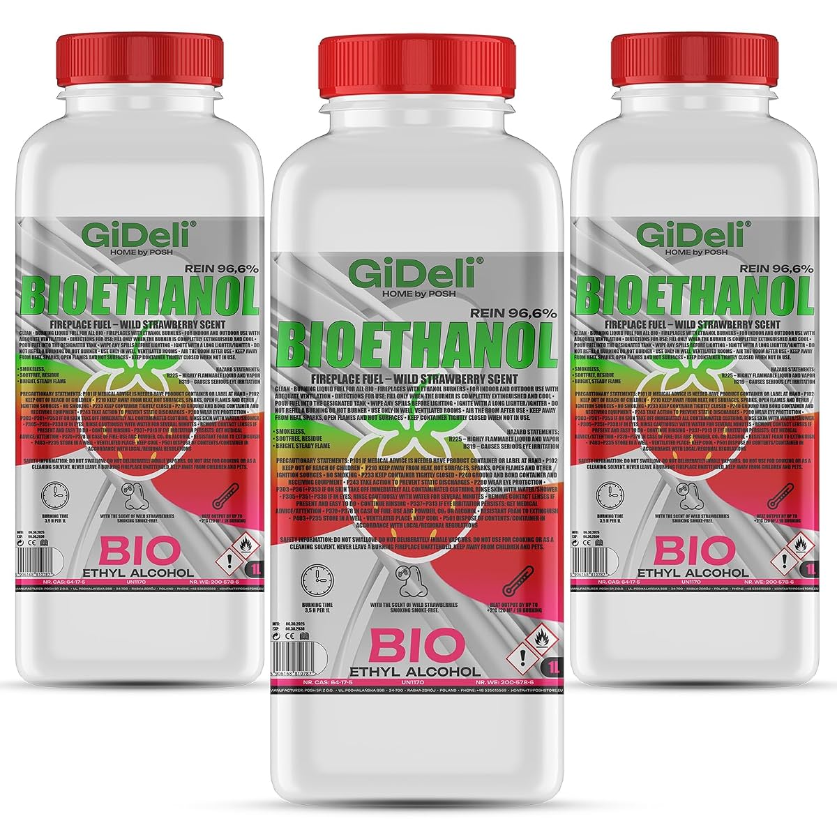 GiDeli bioetanol 3 x 1 l zapach truskawki 96,6% etanol do kominków wewnętrznych i zewnętrznych bez dymu i sadzy – z kukurydzy i buraków cukrowych