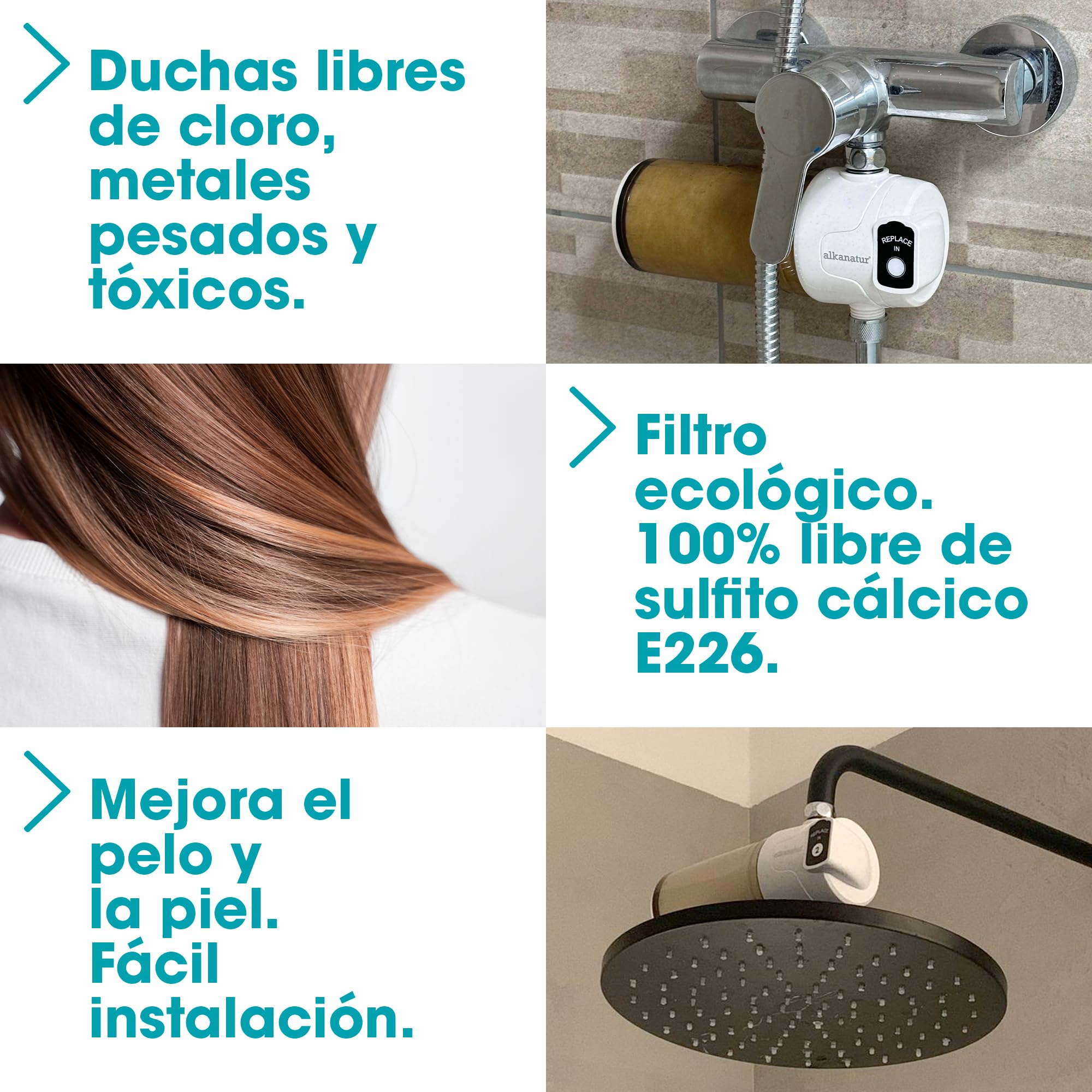 ALKANATUR Filtro Agua para Ducha y Baño 50.000 L Recambiable Sistema de Filtración Libre De Sulfito Cálcico E226