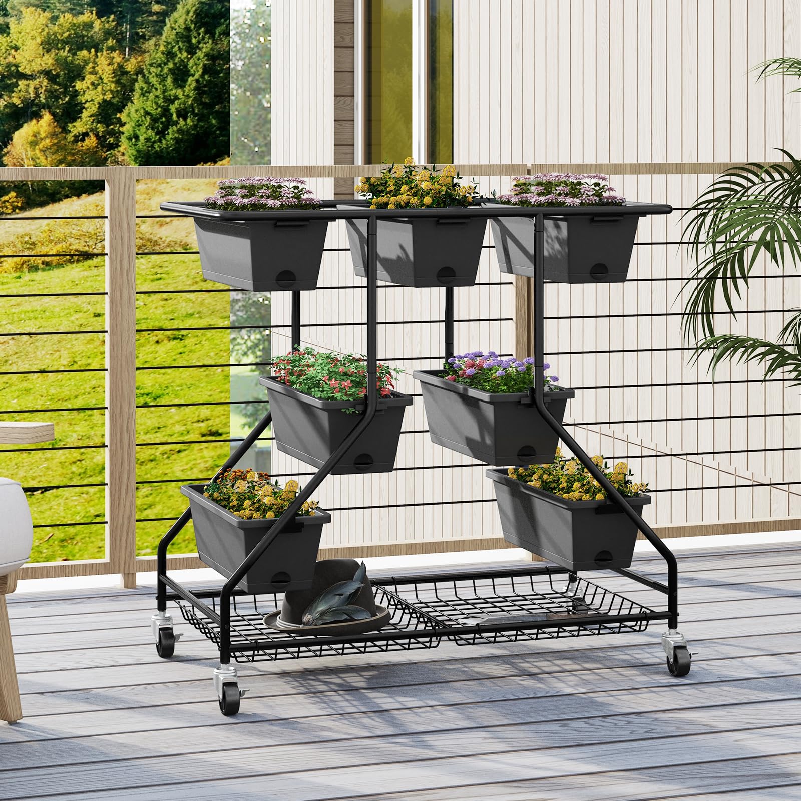 RELAX4LIFE Fioriera da Esterno, Scaffale Porta Piante con 7 Scatole, Fori di Drenaggio e Cesti di Stoccaggio, Supporto per Piante con Ruote Bloccabili per Balcone e Giardino