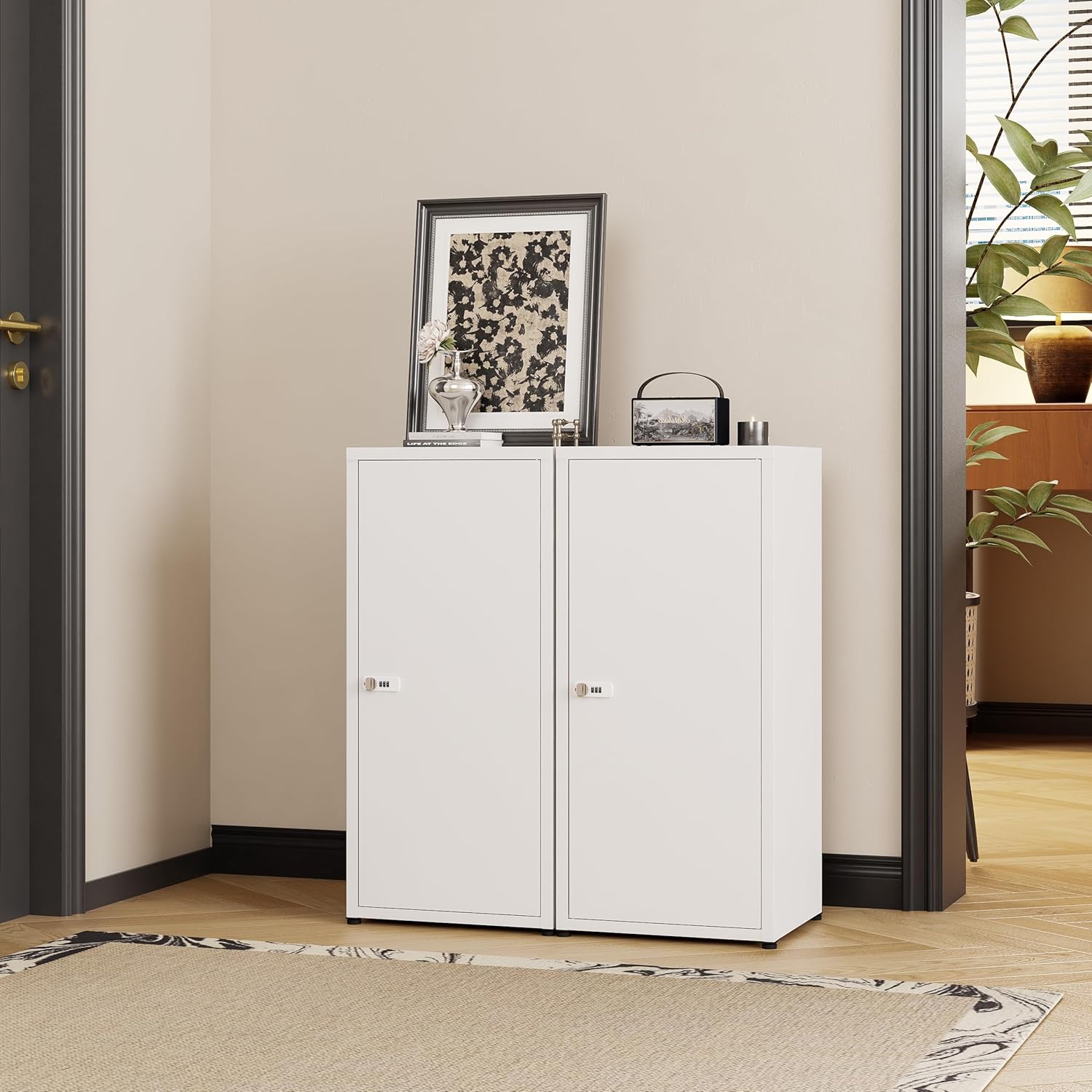 MIOCASA Metal Storage Cabinet with Lock, 3 Adjustable Shelves Single Door Steel Locker for Home, Office & Garage (White)