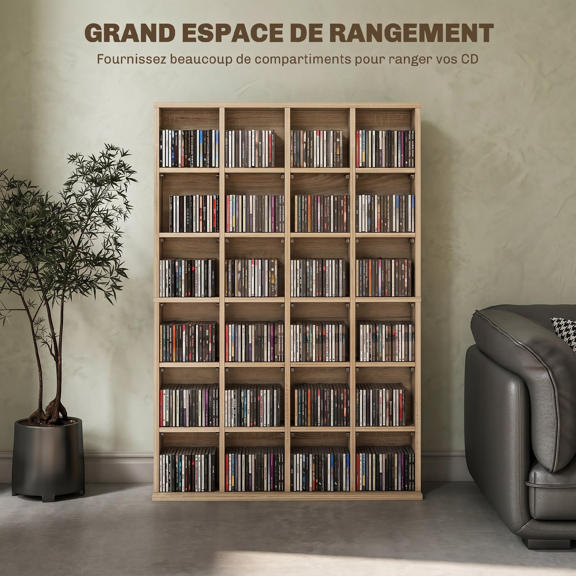 HOMCOM Rangements pour CD et DVD, Meuble de Rangement multimédia en Bois avec 24 Compartiments, étagères Ajustables, capacité jusqu'à 456 CD/336 DVD, bibliothèque, 89 x 20 x 130,5 cm, Bois Naturel