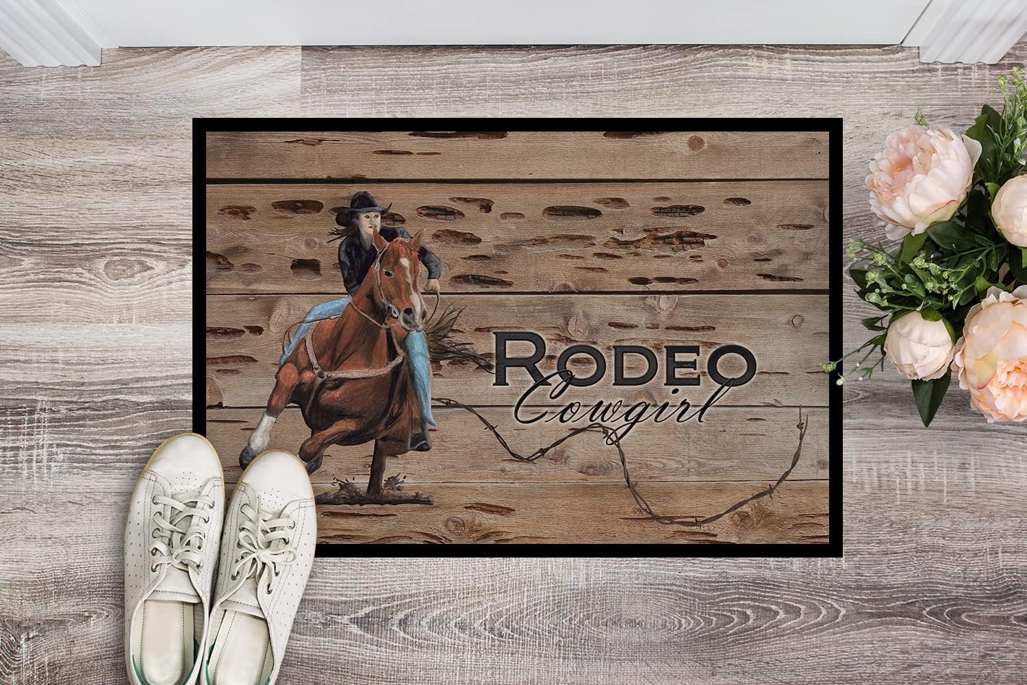 Caroline's Treasures SB3055MAT Rodeo Cowgirl Barrel Racer Doormat 18x27 Front Door Mat Indoor Outdoor Rugs for Entryway, Non Slip Washable Low Pile, 18H X 27W