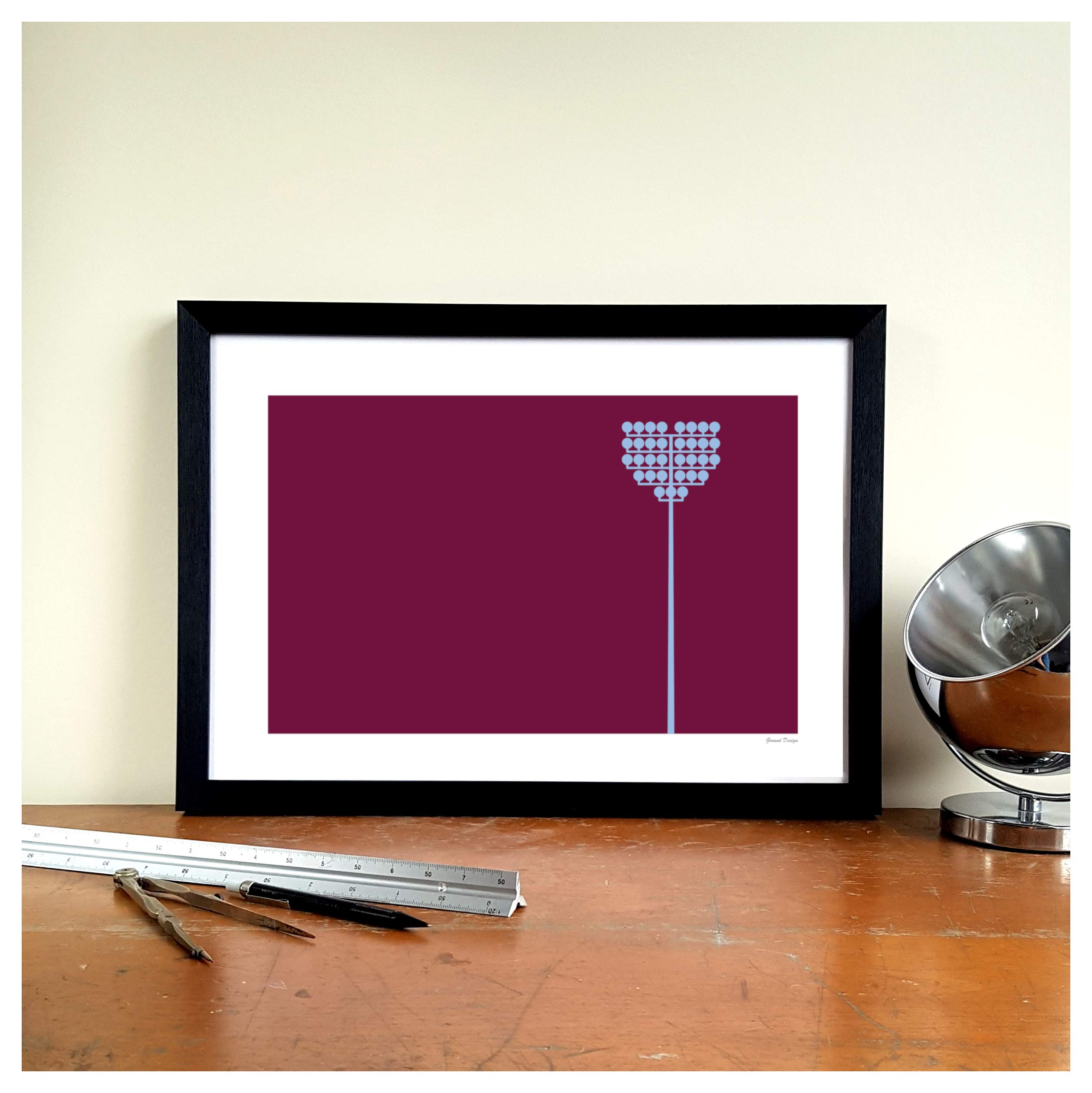 Grounddesigns Claret And Blue Burnley Football Gift Turf Moor Tulip Floodlights Stadium Art Print