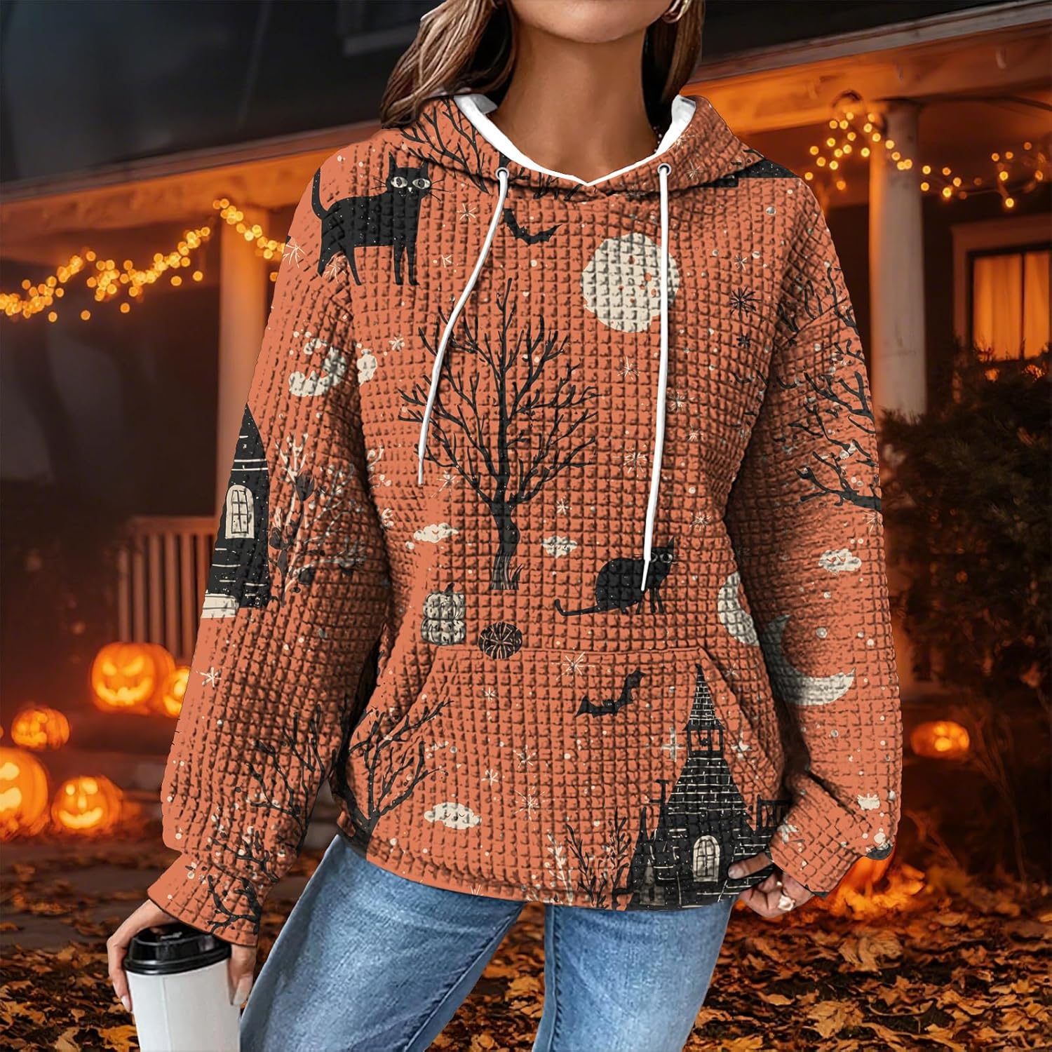 Halloween Sweatshirt Vintage Waffle Sweatshirt Lightweight Hoodies Spooky Graphic Street Style Holiday Tops - Image 2