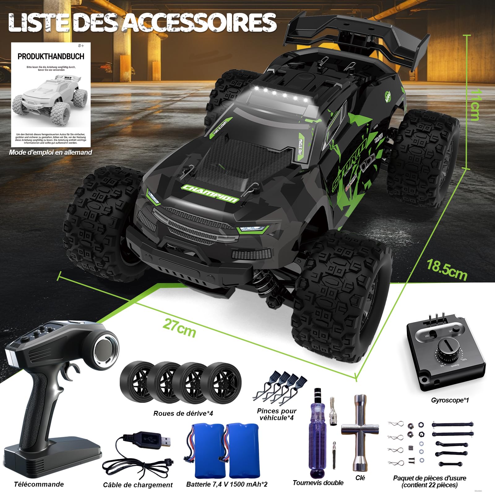 Zdalnie sterowany samochód 40 km/h, od 8, 10 lat, 1/18 RC Auto Offroad z 2 zestawami opon i 2 akumulatorami 50 minut, 2,4 GHz Monster Truck zdalne sterowanie ze światłem, 4WD wodoszczelny samochód RC