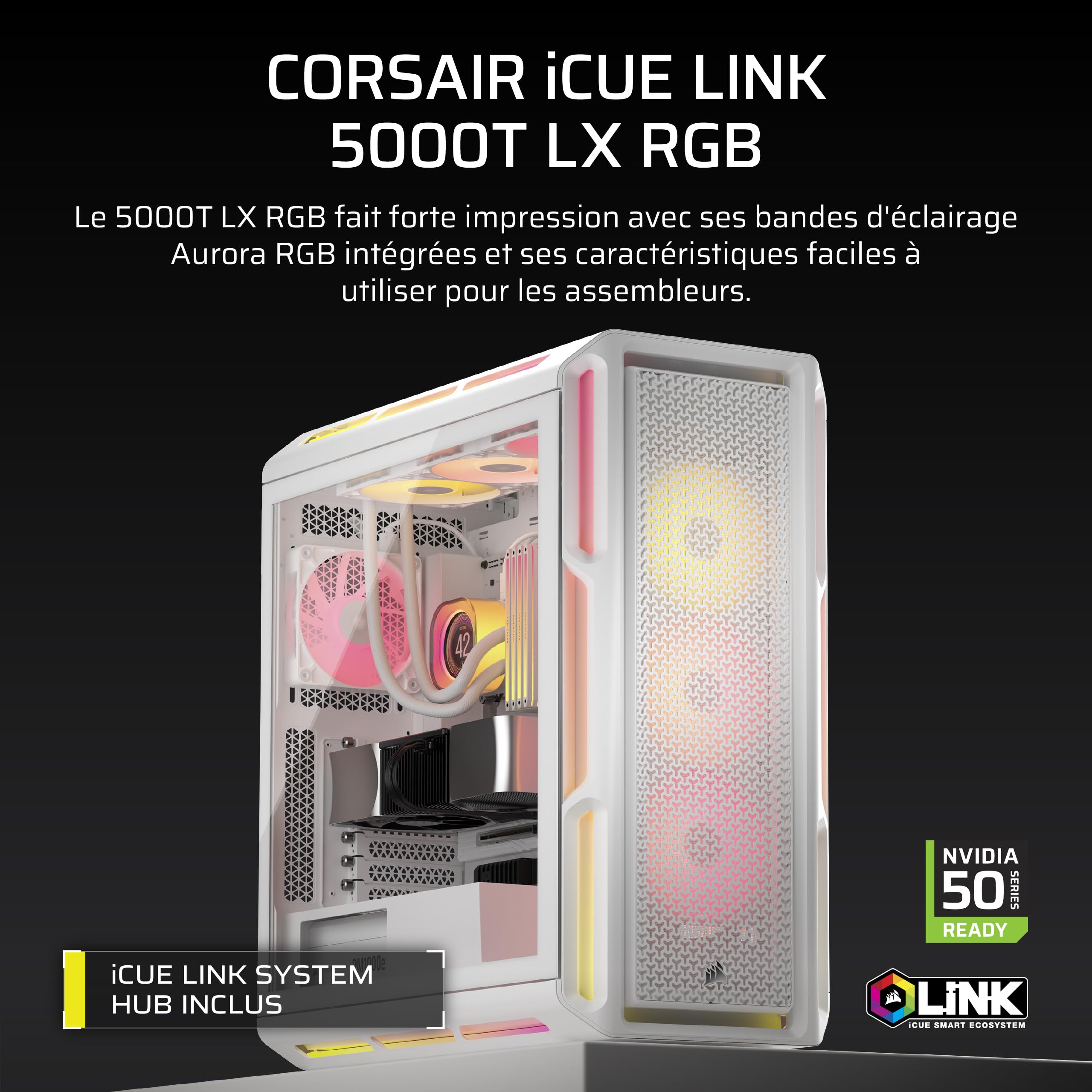 Corsair iCUE Link 5000T LX RGB Boîtier PC ATX de Taille Moyenne – 3X Ventilateurs LX120 RGB Préinstallés, Bandes Lumineuses RGB Aurora Intégrées, Intérieur Spacieux, Hub du iCUE Link Inclus – Blanc