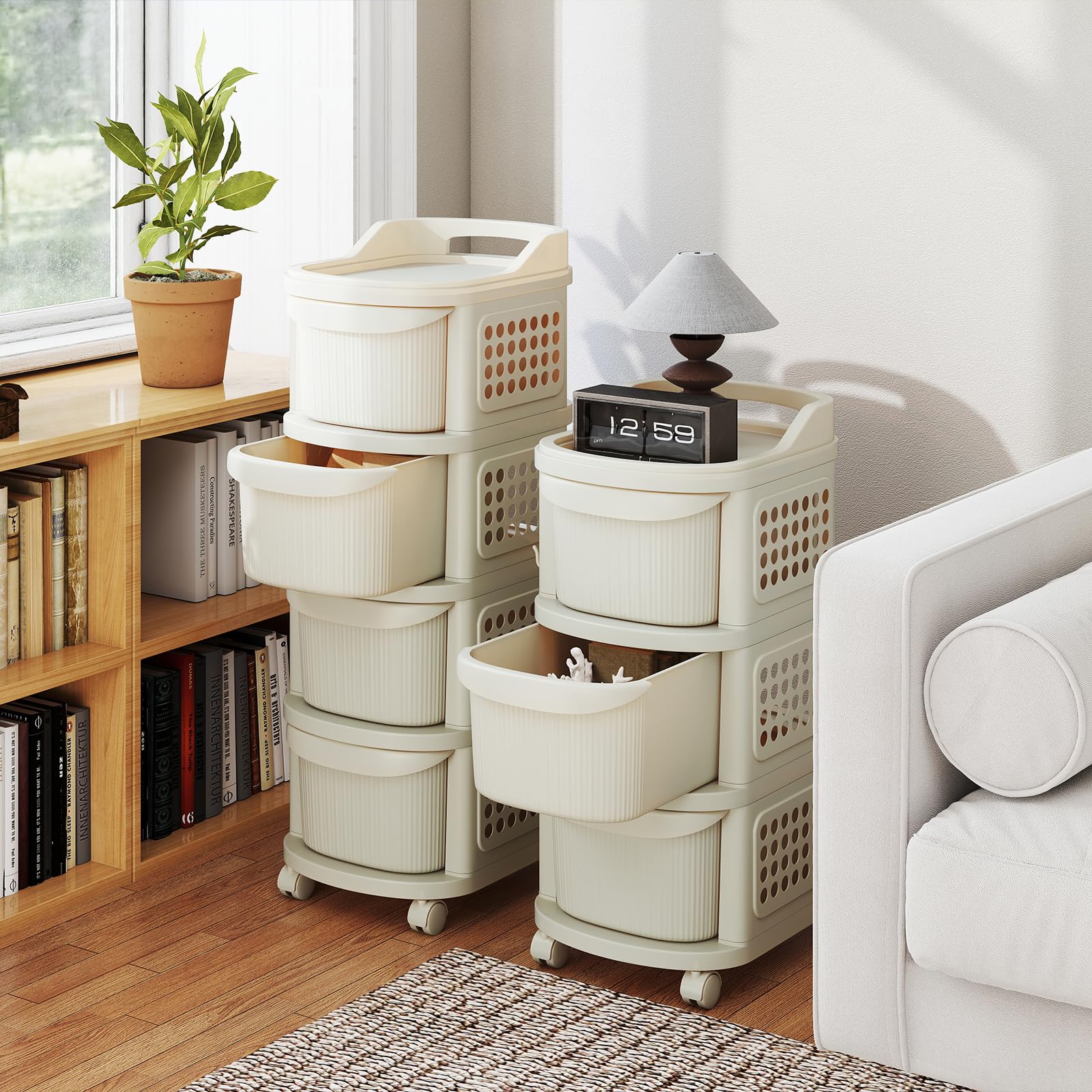 HOMASIS Carrello con 3/4 Cassetti, Pannello Forato, Maniglia e 6 Ganci, Carrello Portaoggetti con Ruote, Organizer Multiuso, Cassettiera Plastica da Cucina, Bagno, Ufficio, Beige (38 x 32 x 86 cm)