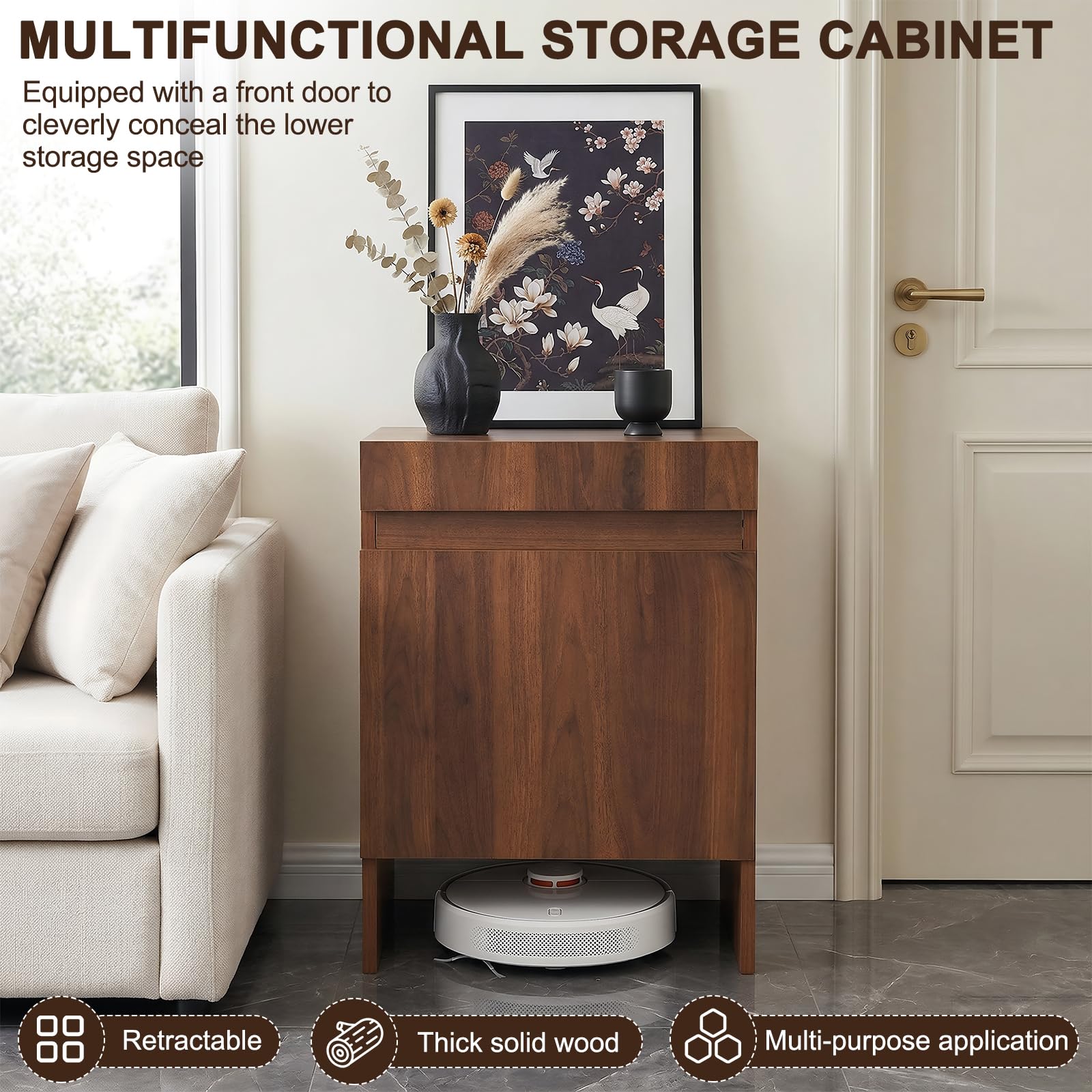 Robot Vacuum Storage Cabinet with Doors Robot Vacuum Cabinet with Pull-Out Top Wood Freestanding Rack for Small Space Bedroom Kitchen Office Home