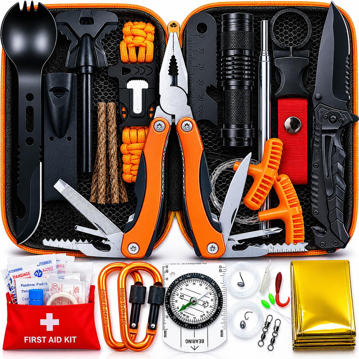Kit de Survie Complet 17 en 1 Compact, Équipement de Survie d’Urgence conçu en France pour Randonnée, Bushcraft, Camping, Pince Multifonctions, Trousse de Secours, Boussole, Couverture de Survie