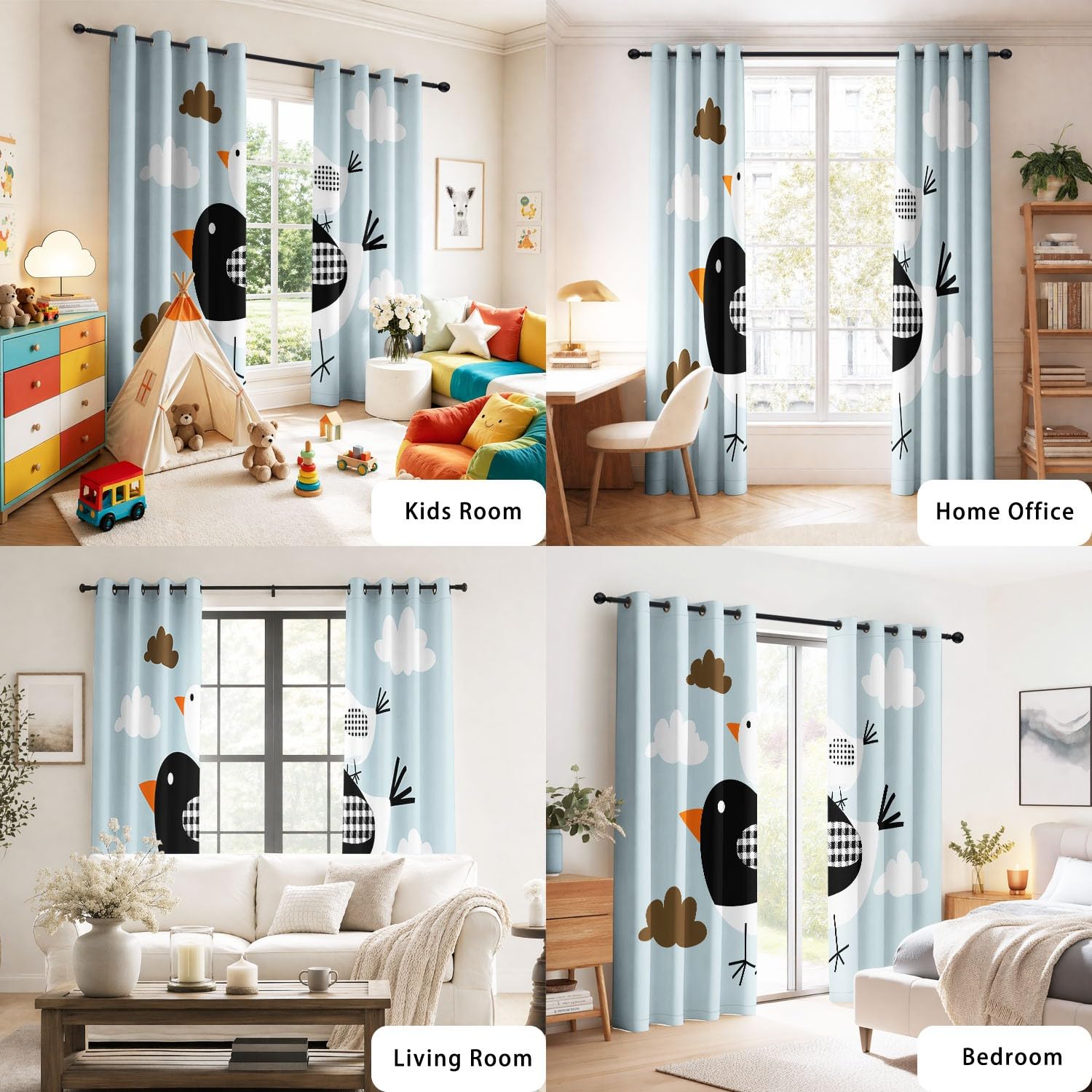 Rideau Occultant Géométrique Minimaliste Lot de 2 L 140 x H 220 cm Oiseaux Carreaux Nuages Rideaux Imprimés en Polyester à Oeillets Isolant Thermique Anti Froid pour Salon et Chambre d'enfant