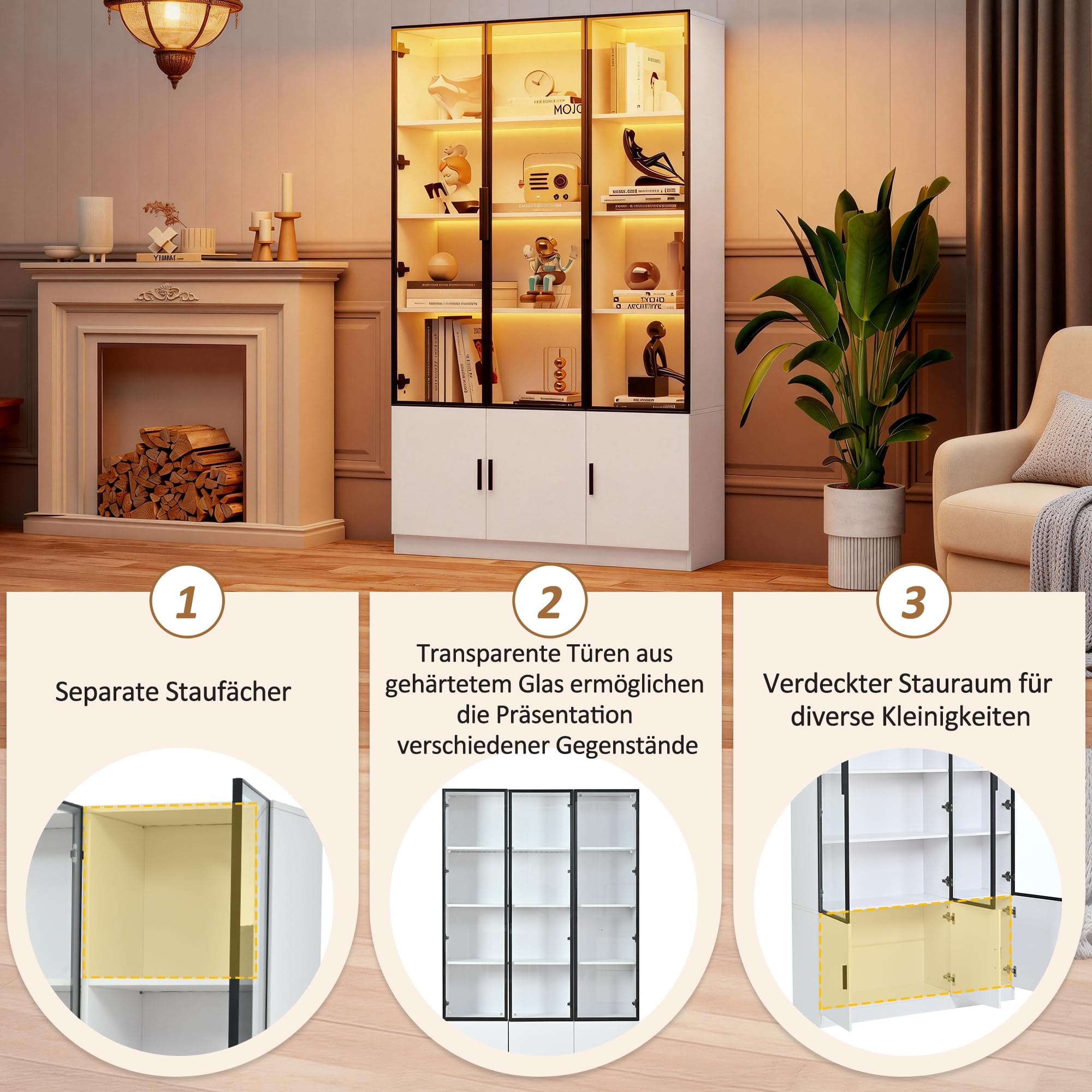 Dolamaní Witryna z oświetleniem LED, szklana witryna 120 x 32 x 200 cm, duża witryna szklana z 6 drzwiami szafy, do salonu, sypialni, wejścia (biała A)
