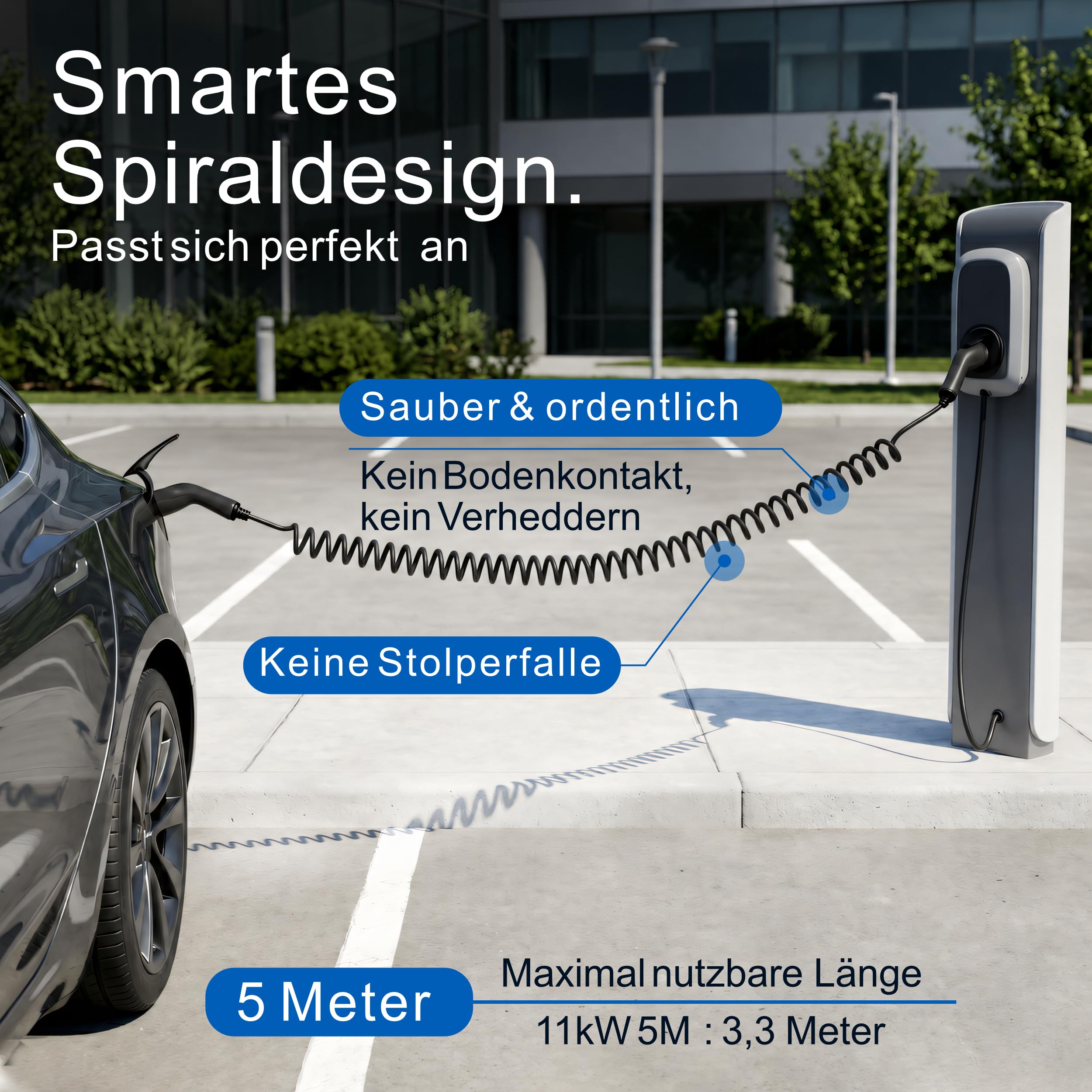 Cable de carga en espiral tipo 2, 11 kW, 5 m, 16 A, para coche eléctrico e híbrido, incluye bolsa de cables, cable en espiral de 3 fases para EV PHEV • Ahorro de espacio, adecuado para todos los