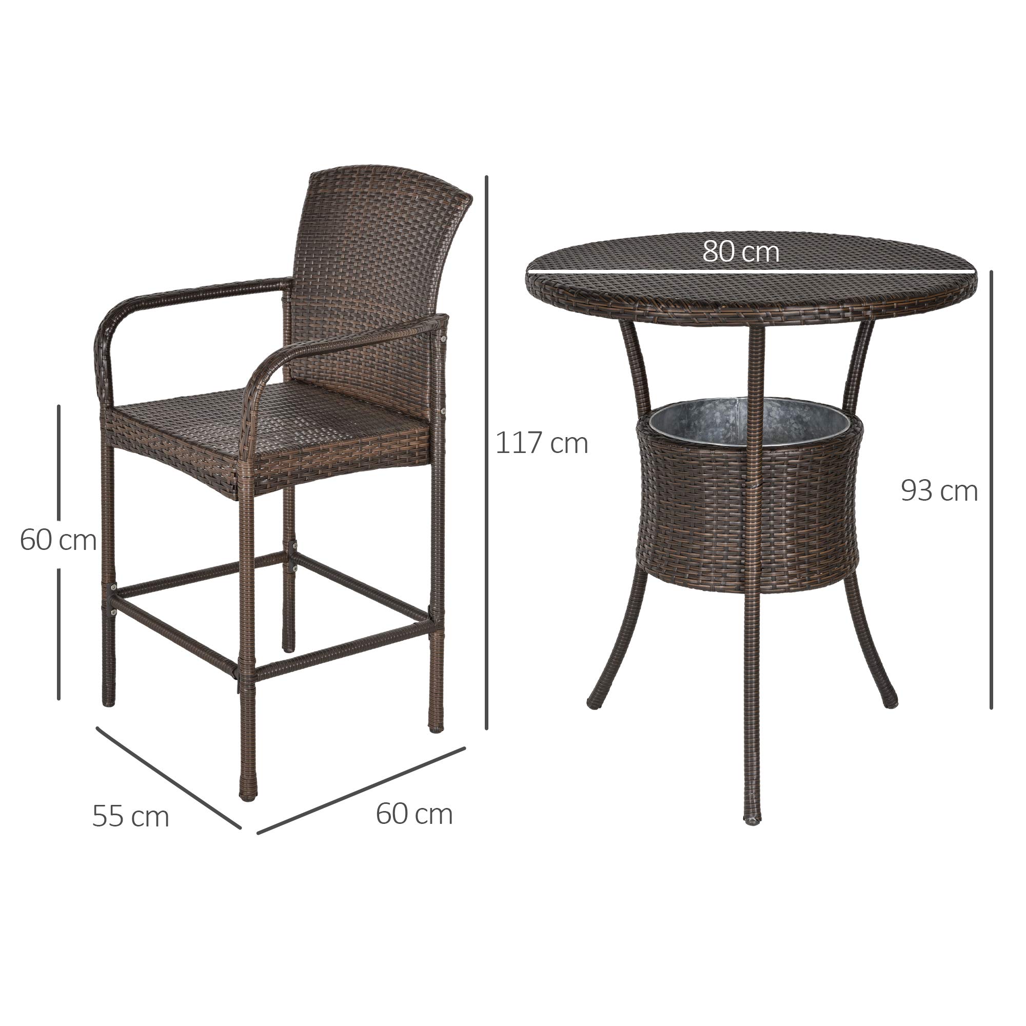 Outsunny Set 5 Pezzi Tavolino con 4 Sedie da Giardino Alte in Rattan Sintetico con Secchiello per Ghiaccio, Marrone