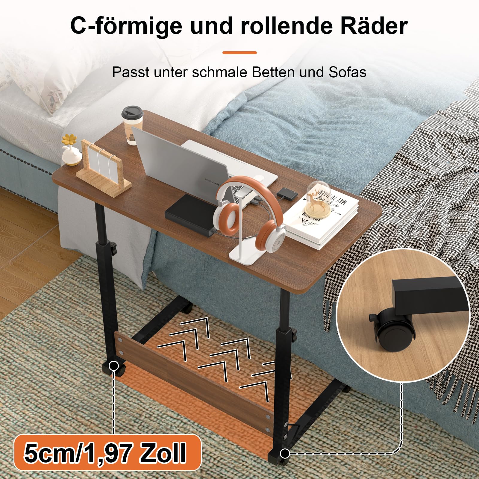 Mobilne biurko na laptopa z regulacją wysokości, kompaktowe biurko komputerowe, 62–90 cm, do domowego biura, brązowe (80 x 40 cm)