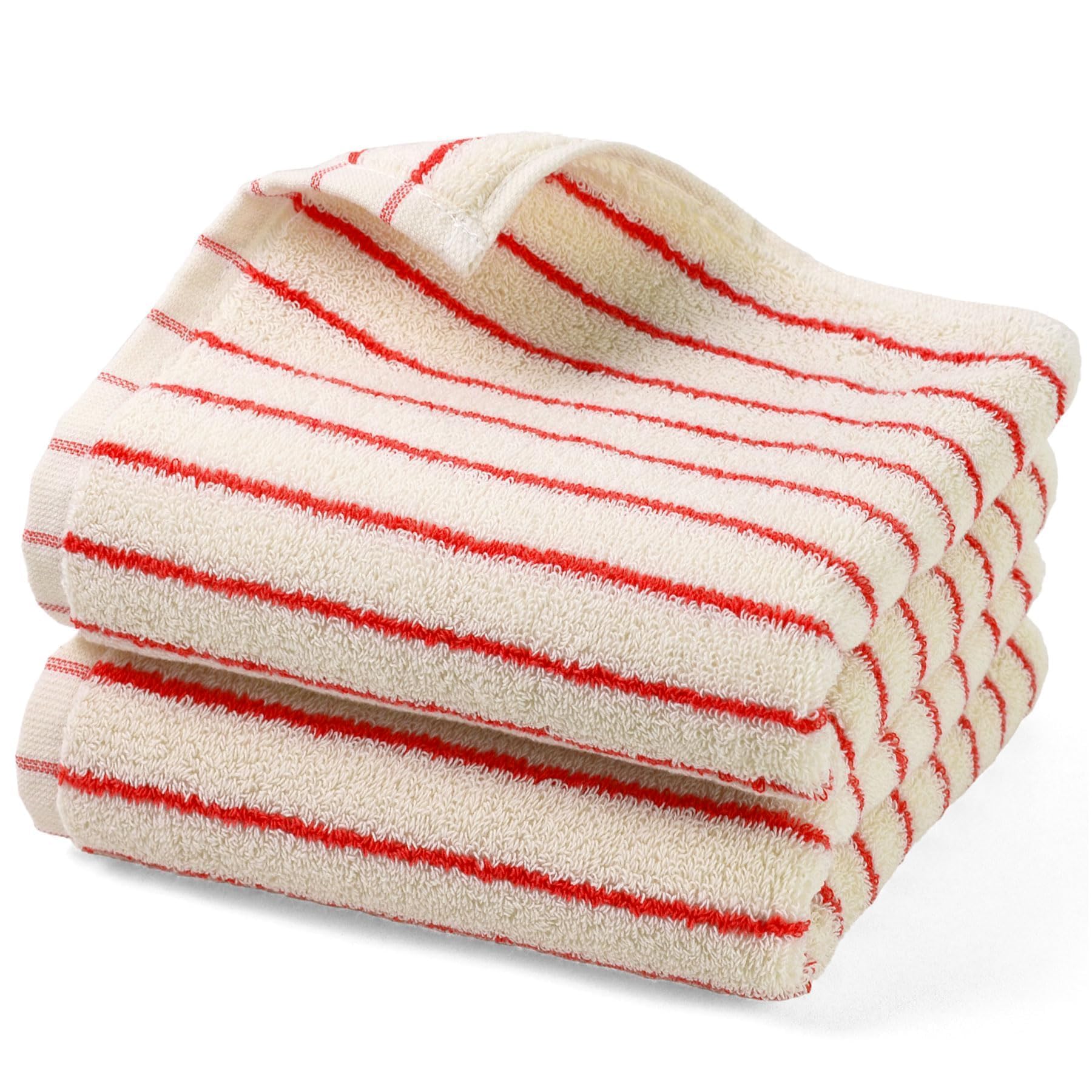 Jacquotha Striped Hand Towels Set of 2, Vintage Bathroom & Kitchen Decor, Guest Use, Soft Gentle for Adults Kids, Natural Cotton, 14” x 29”, Coral Red