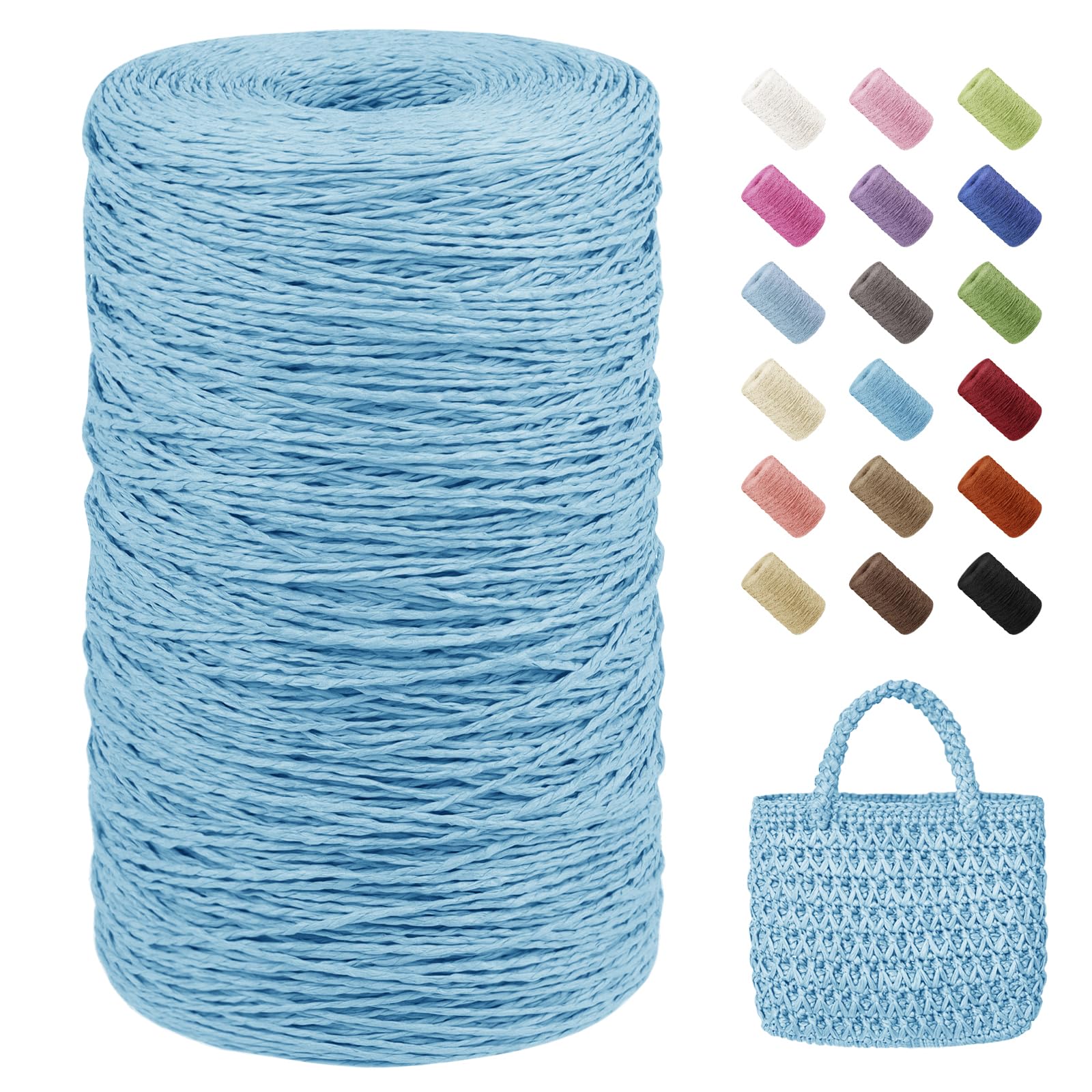 Uiopa Raffia Yarn 2mm x 700m Raffia Crochet Yarn 2-Strand Twisted Paper Ribbon for Crocheting Beach Bags, Sun Hats, Home Decor, DIY Crafts (Lake Blue)