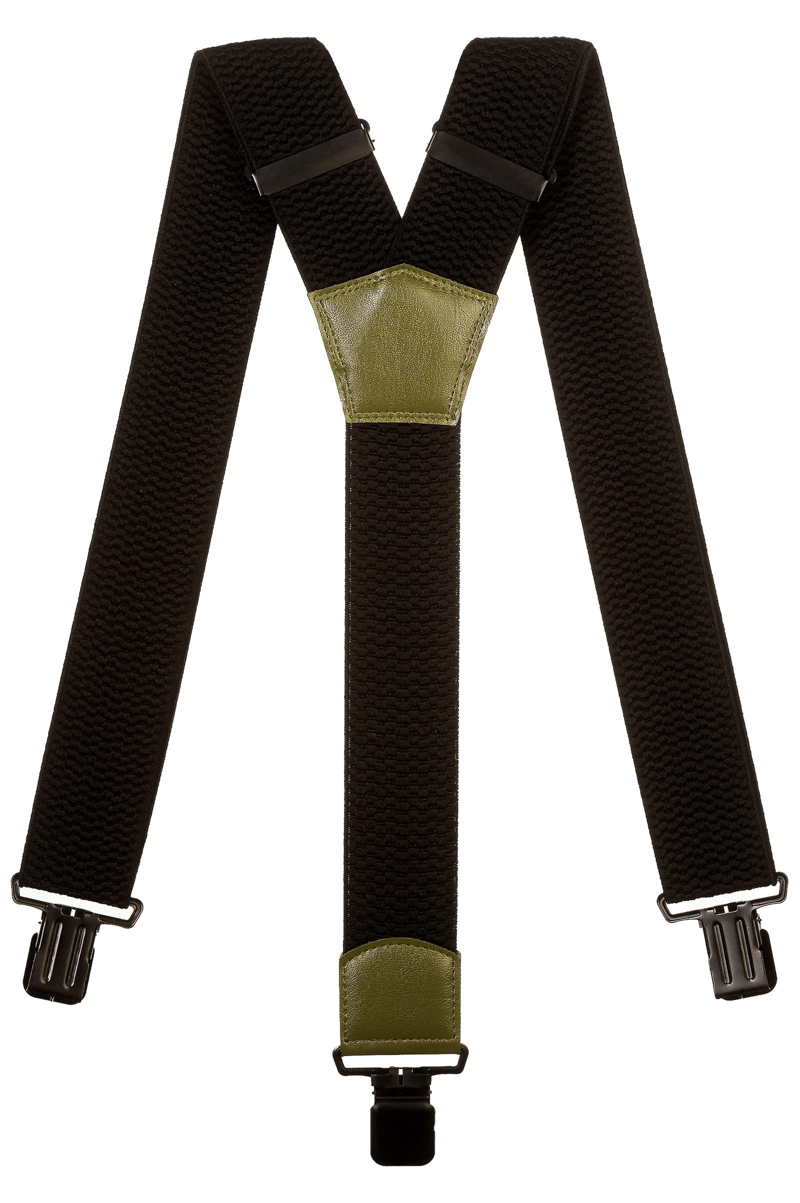 Olata Men's Heavy Duty Y-Shape Braces/Suspenders in Black with Coloured Leather - 5cm. Olive Green (Black Clips)