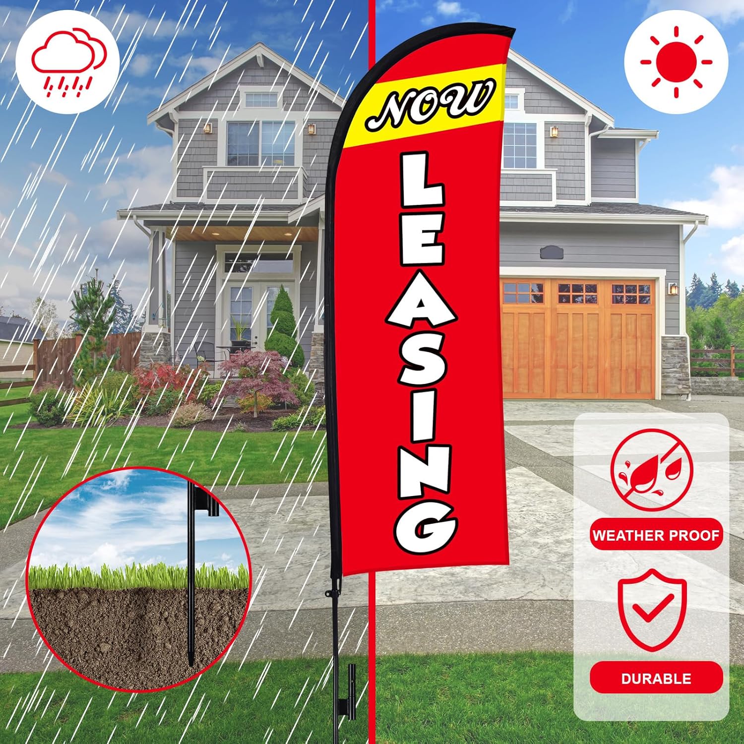 Buryeah 4 Sets 15ft Now Leasing Flags Banners for Advertising with Flagpole Ground Stake Portable Bag Feather Now Leasing Signs Banner for Business Advertising(Red) - Image 7